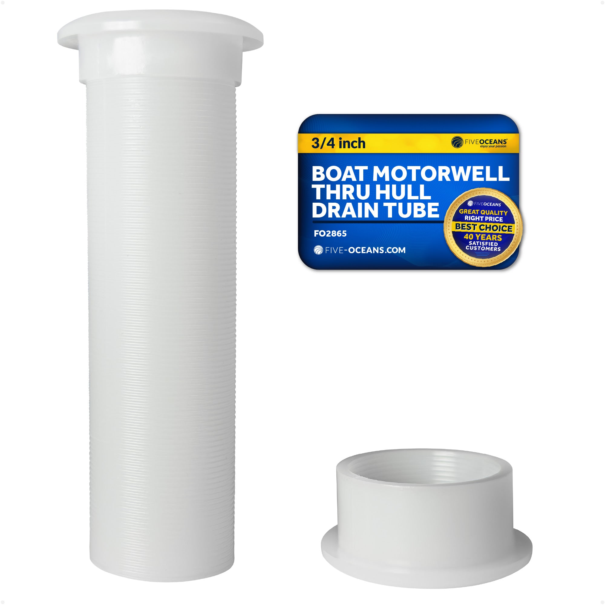 3/4" Boat Motorwell Thru Hull Drain Tube, White Nylon- FO2865 - Five Oceans