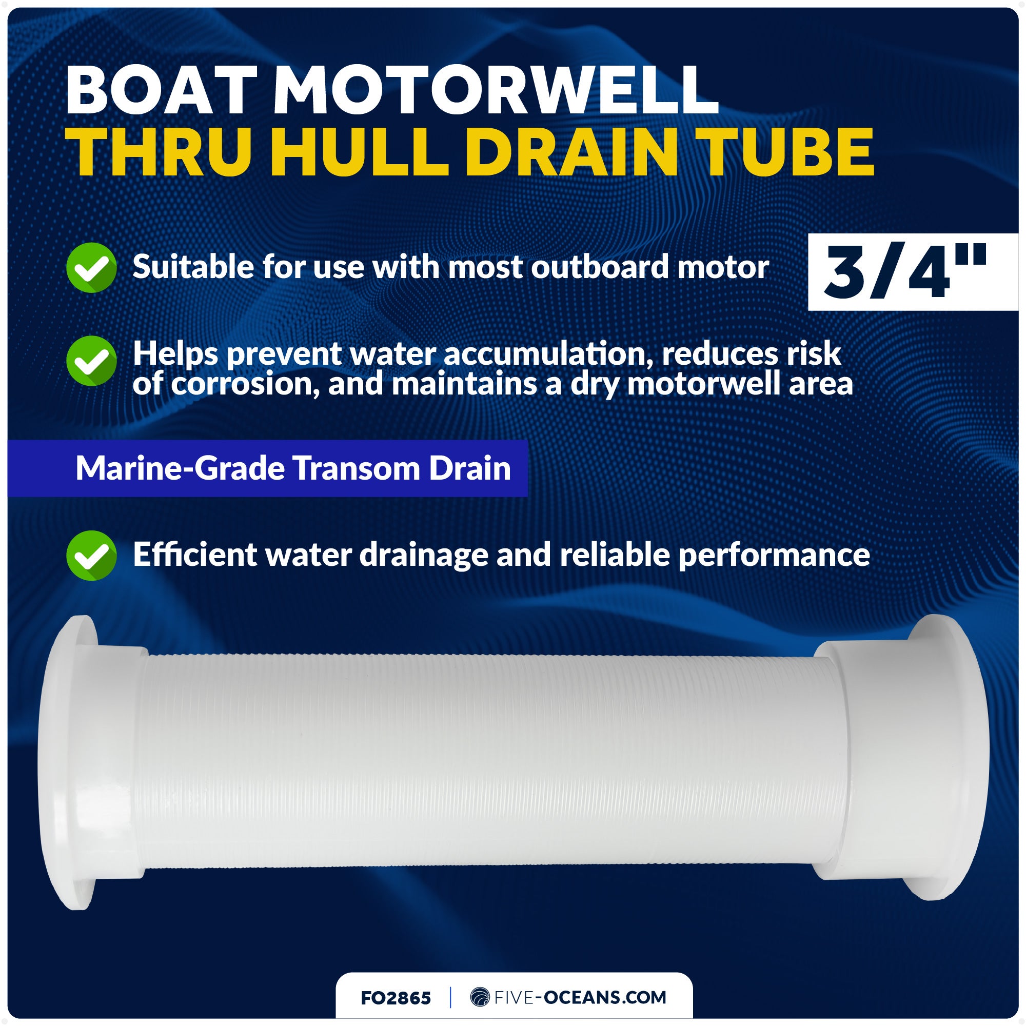 3/4" Boat Motorwell Thru Hull Drain Tube, White Nylon- FO2865 - Five Oceans