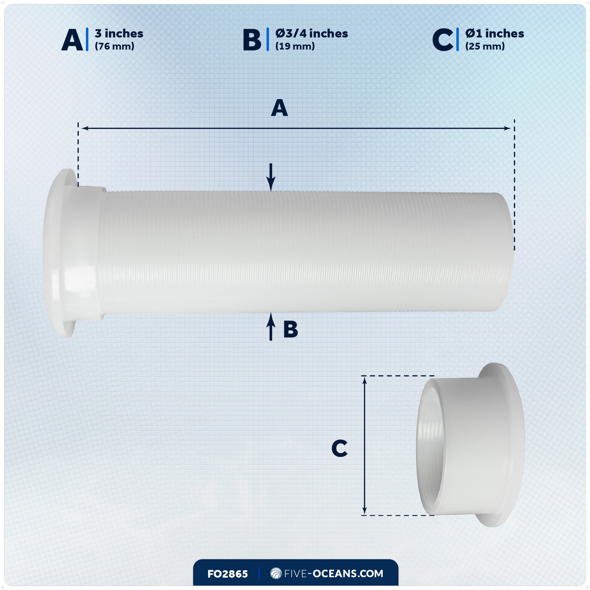3/4" Boat Motorwell Thru Hull Drain Tube, White Nylon- FO2865 - Five Oceans