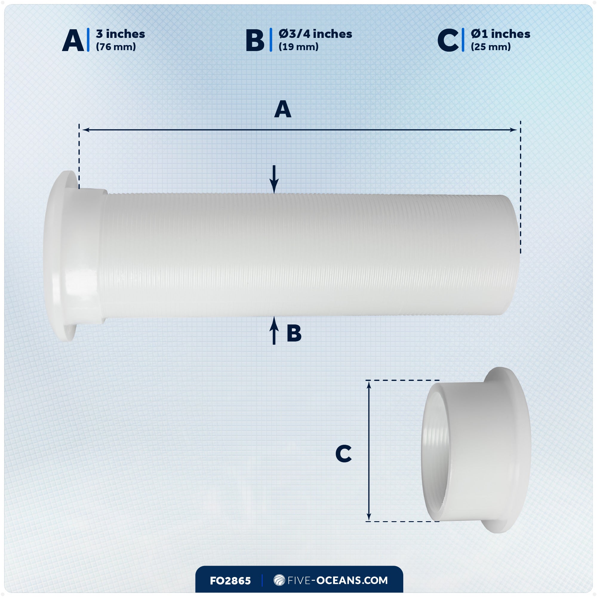 3/4" Boat Motorwell Thru Hull Drain Tube, White Nylon- FO2865 - Five Oceans