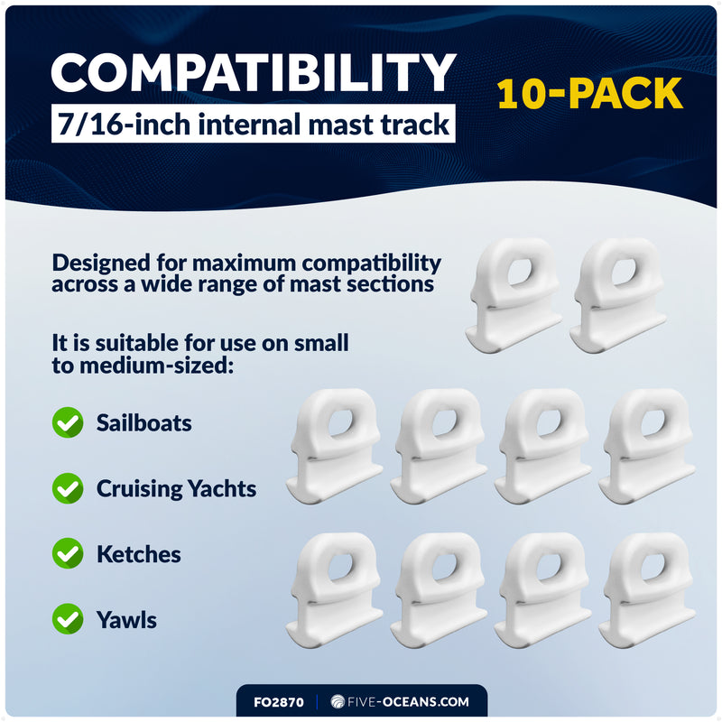 7/16" (11mm) Sail Slide Internal Track, White Nylon, 10-Pack - FO2870 - Five Oceans