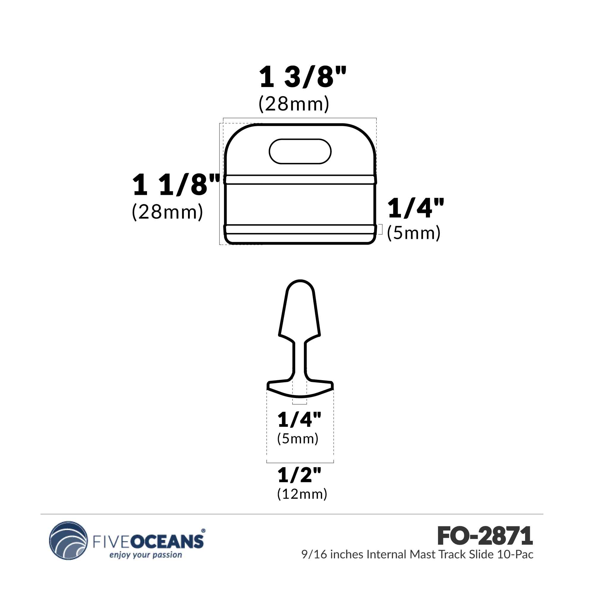 9/16" (14mm) Internal Mast Track Slide - 10-Pack - FO2871 - Five Oceans
