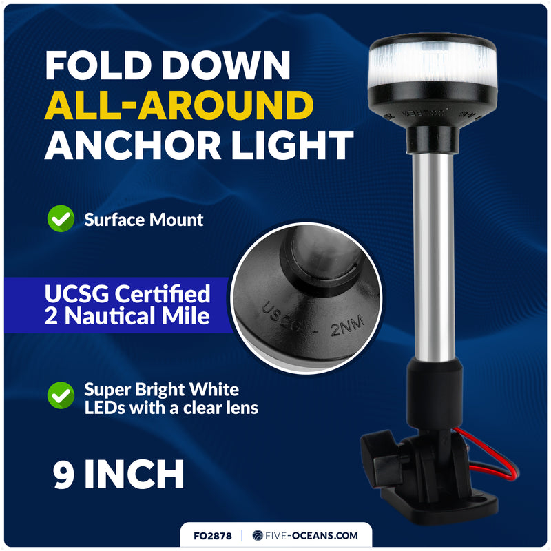 9" LED Anchor Navigation Light, Fold-Down, 12V DC - USCG 2NM Certified - FO2878 - Five Oceans