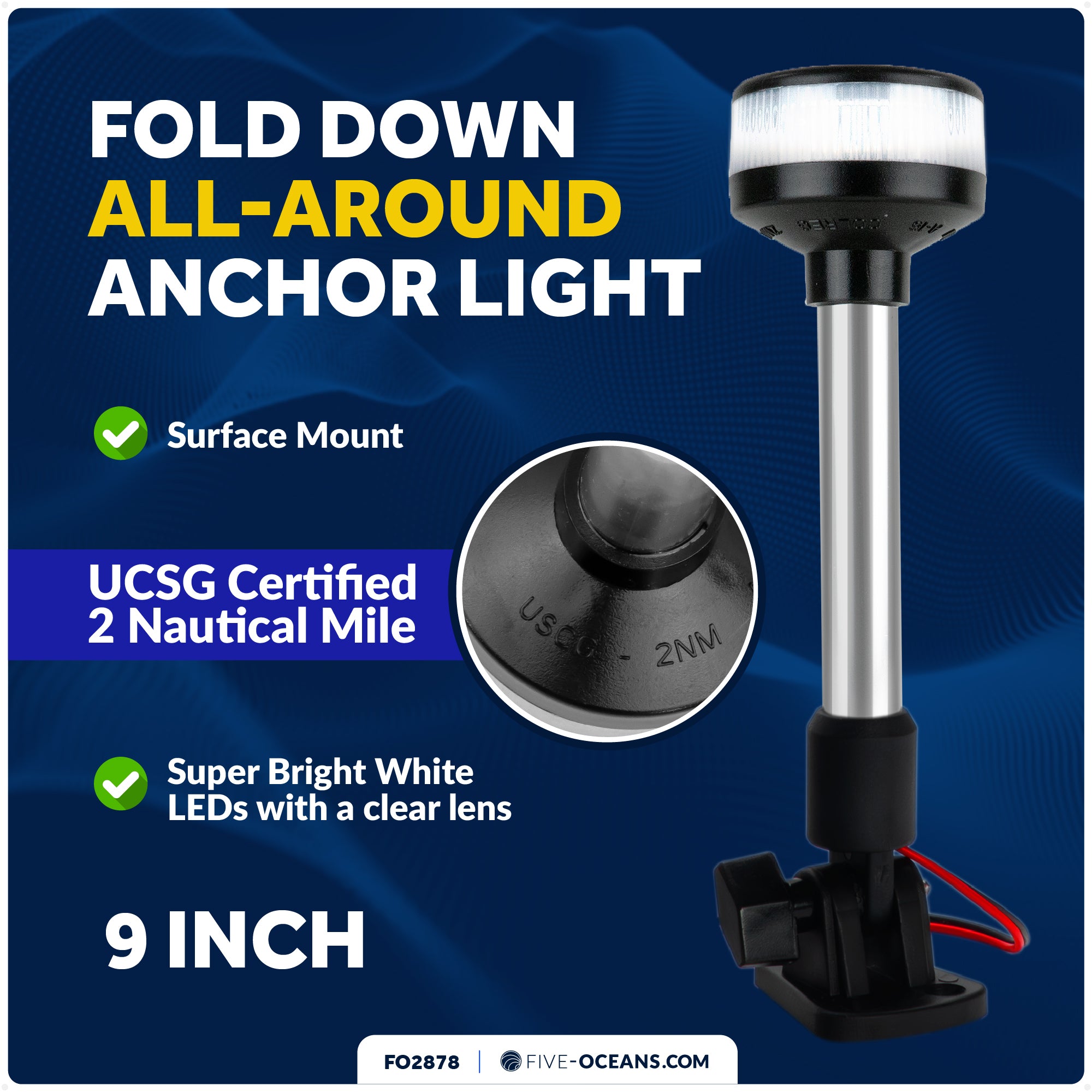 9" LED Anchor Light for Boats - USCG 2NM Certified Fold-Down, 12V DC - FO2878 - Five Oceans