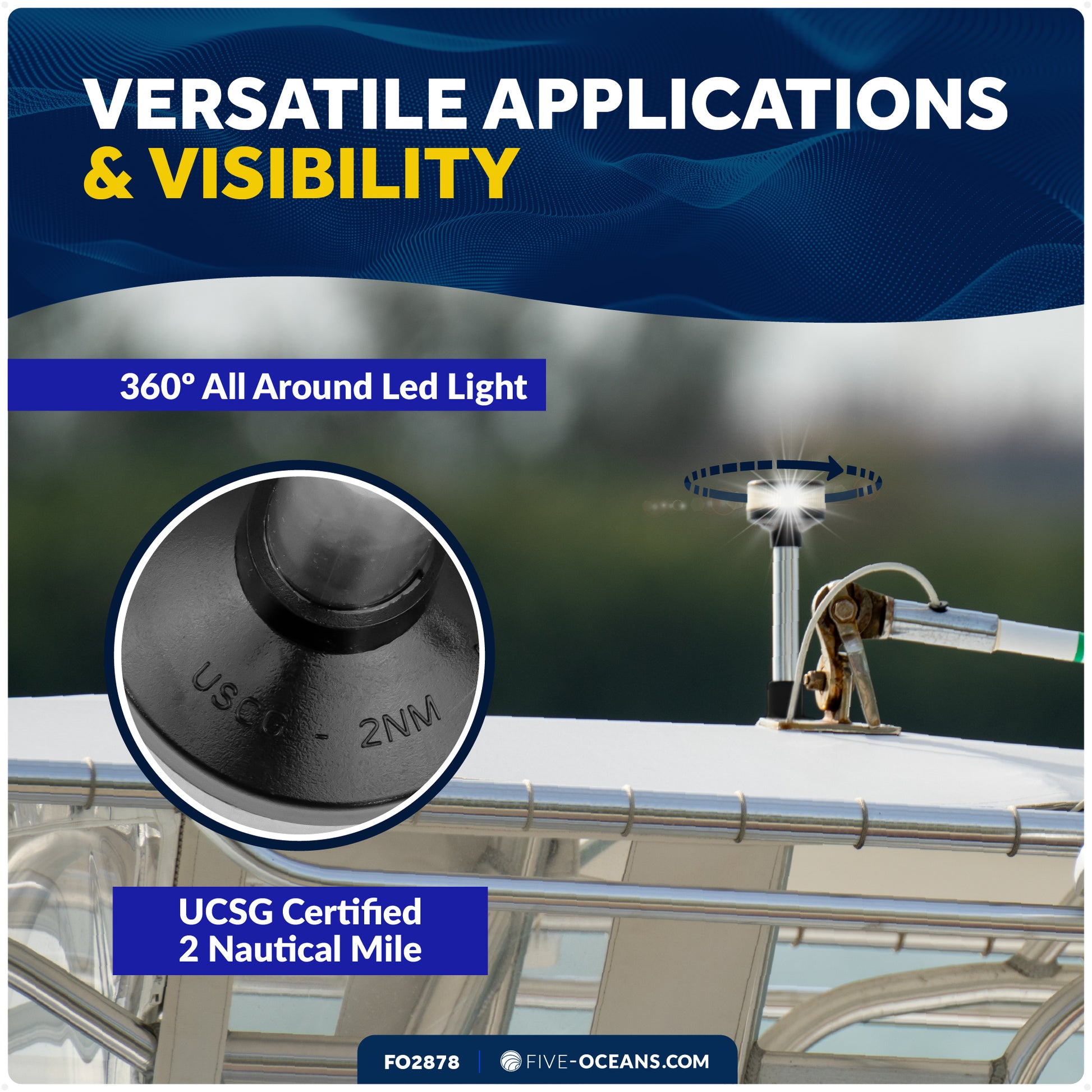 9" LED Anchor Light for Boats - USCG 2NM Certified Fold-Down, 12V DC - FO2878 - Five Oceans