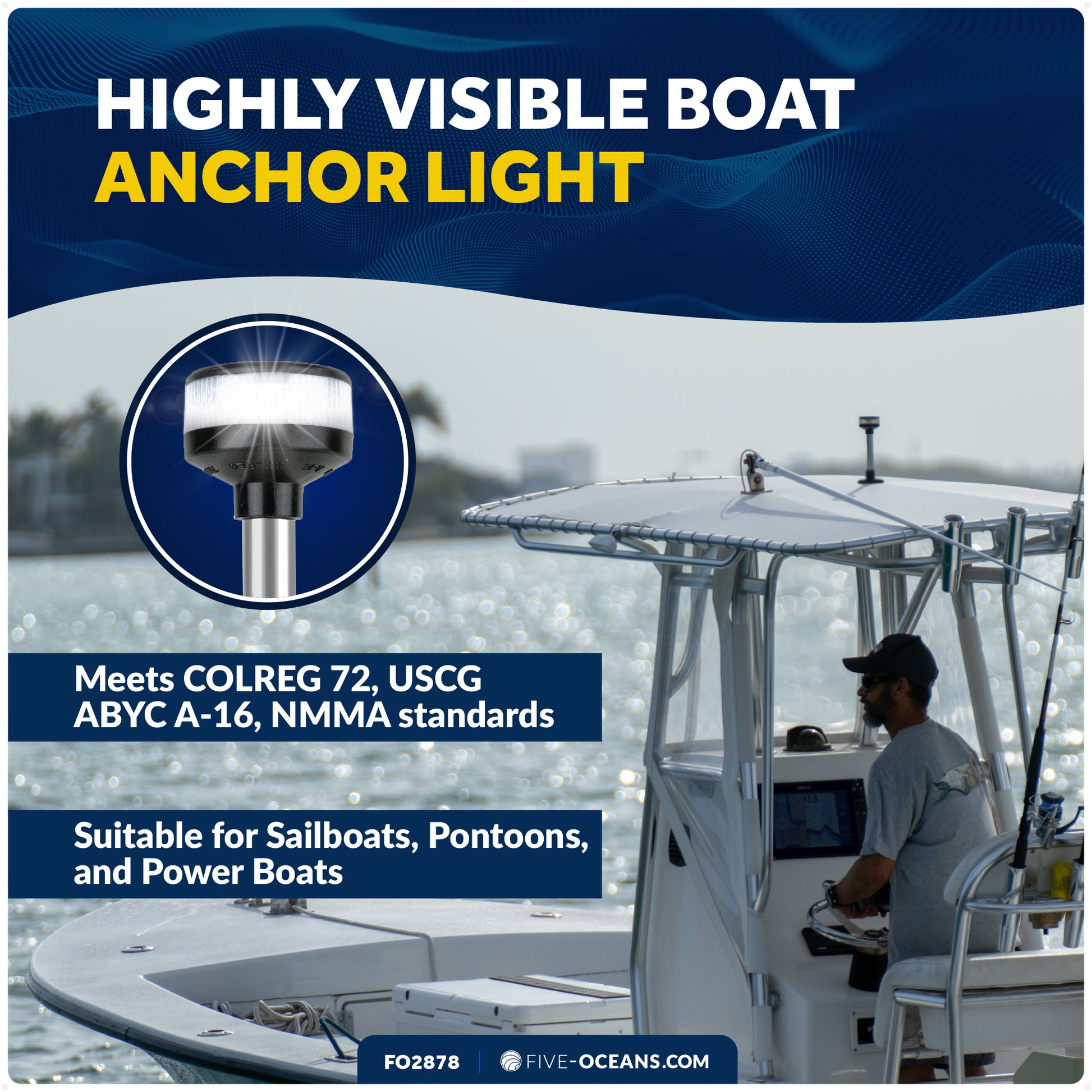 9" LED Anchor Light for Boats - USCG 2NM Certified Fold-Down, 12V DC - FO2878 - Five Oceans