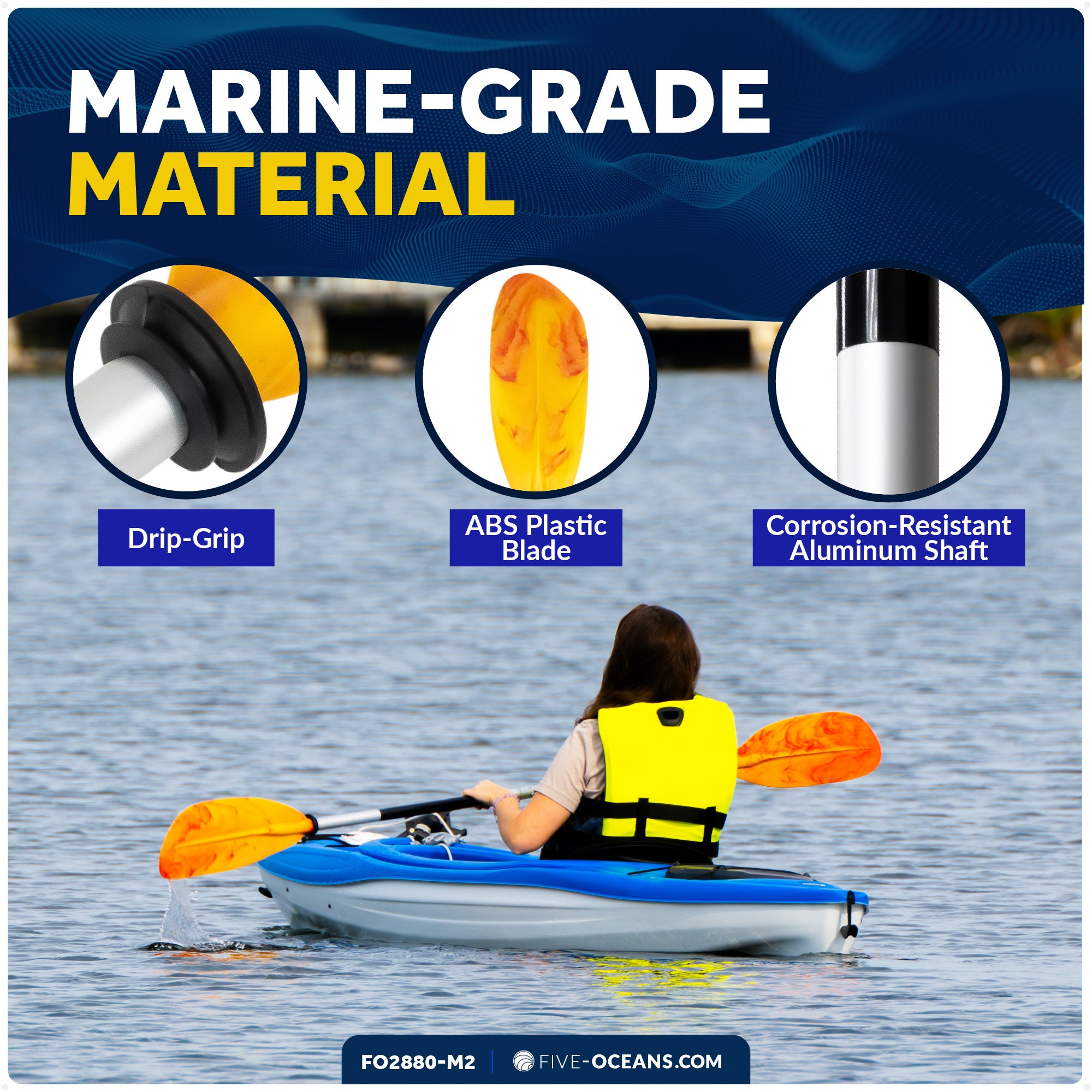 84" Kayak Paddle, Aluminum, Yellow & Orange, Detachable, 2-Pack - FO2880-M2 - Five Oceans