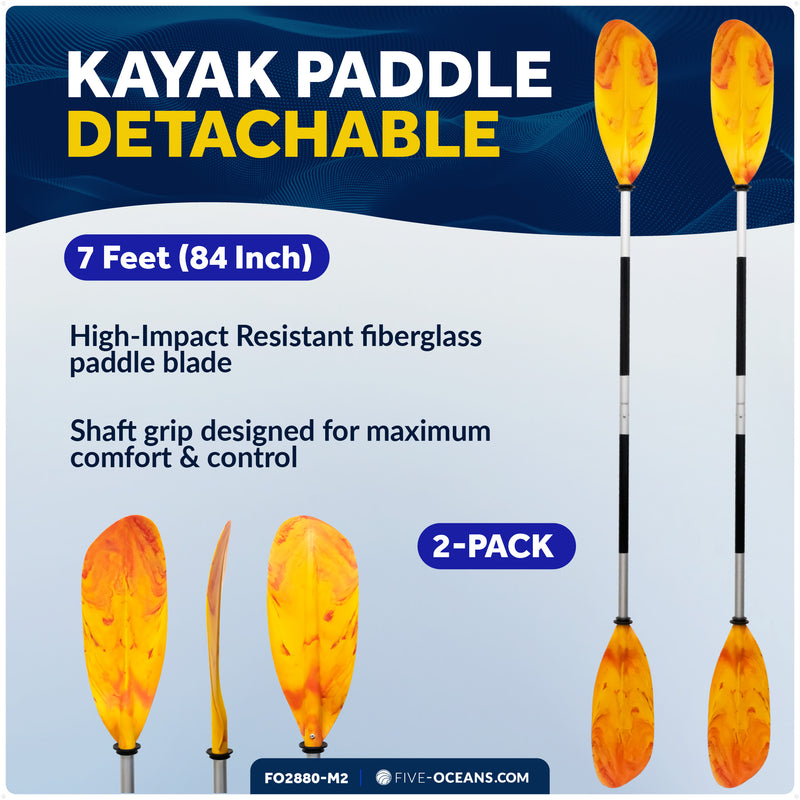 84" Kayak Paddle, Aluminum, Yellow & Orange, Detachable, 2-Pack - FO2880-M2 - Five Oceans