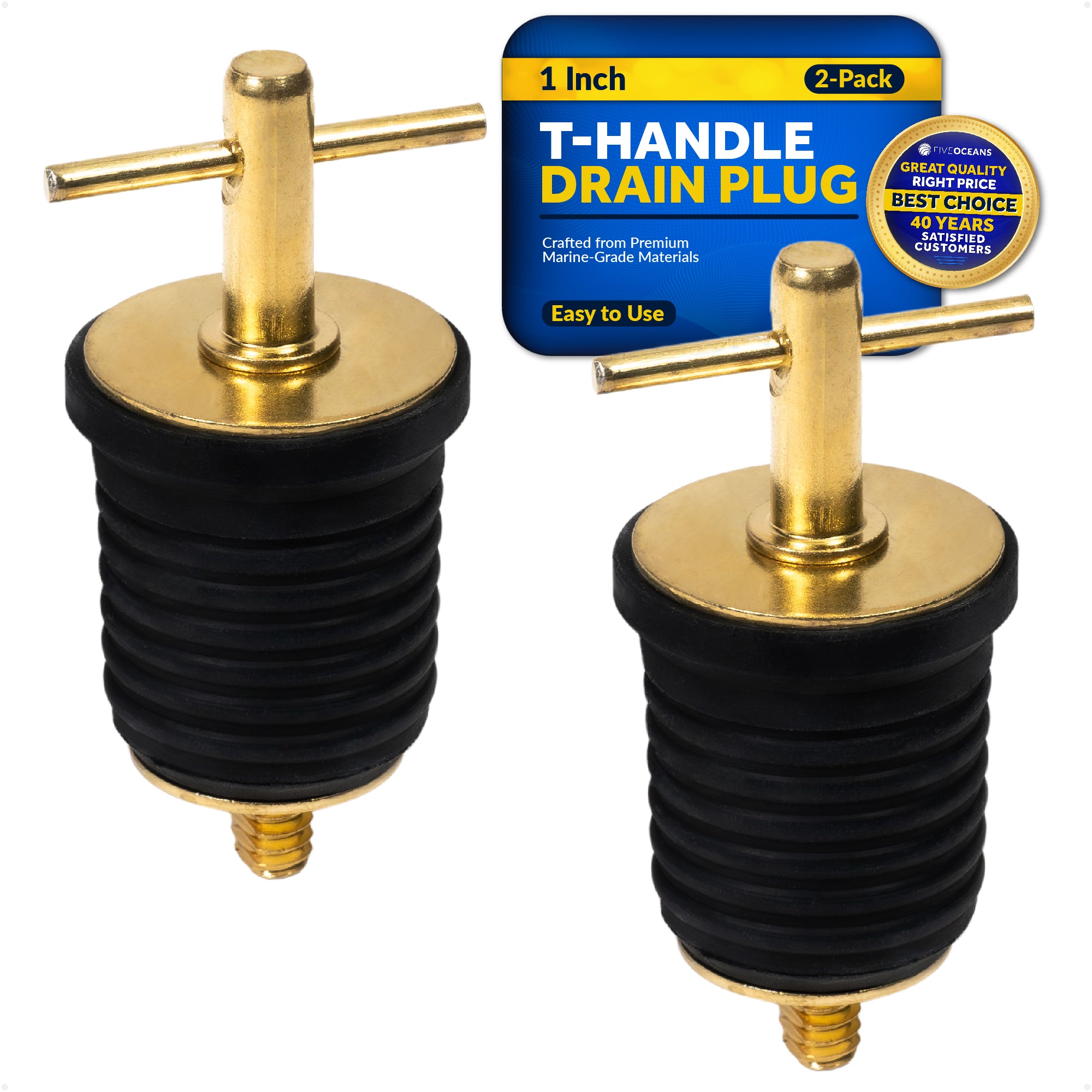 T-Handle Drain Plug for 1" Diameter Drains, 2-Pack - FO2882-M2 - Five Oceans