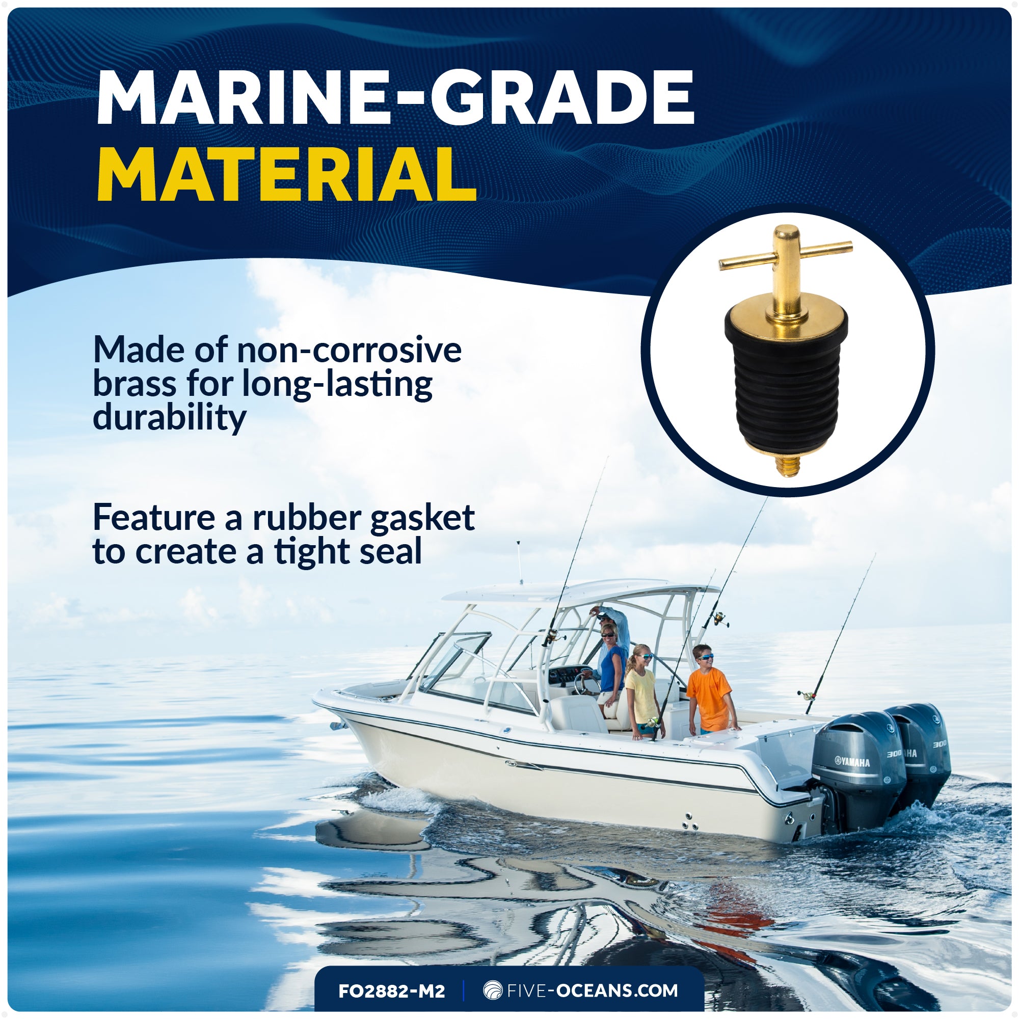 Twist Drain Plug for 1" Transom Hole, Rubber/Brass, 2-Pack - FO2882-M2 - Five Oceans