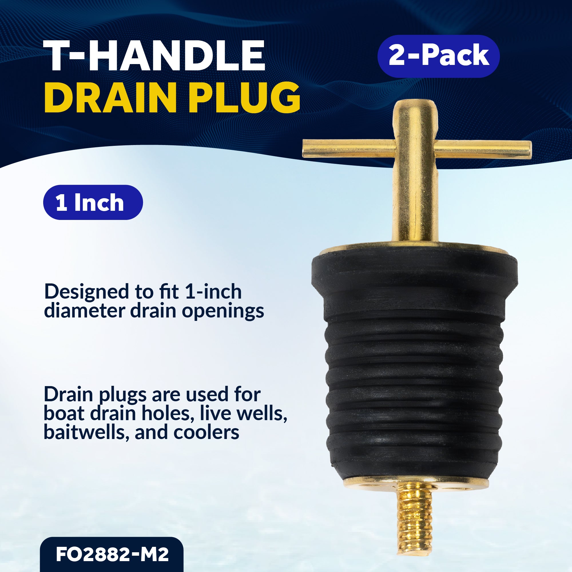 T-Handle Drain Plug for 1" Diameter Drains, 2-Pack - FO2882-M2 - Five Oceans
