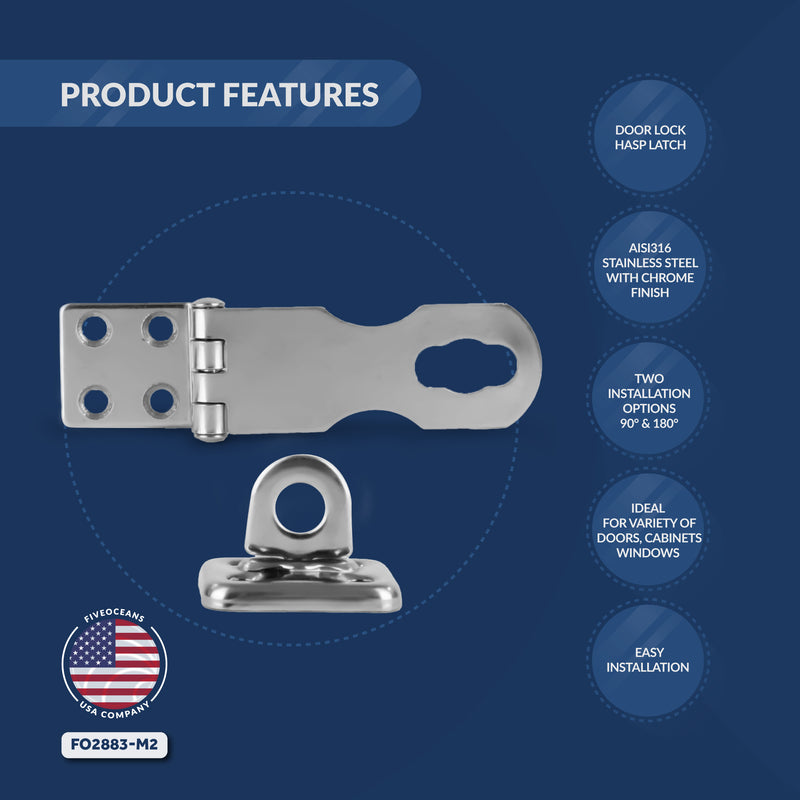Door Lock Hasp Latch, AISI 316 Stainless Steel, 2-Pack - FO2883-M2 - Five Oceans