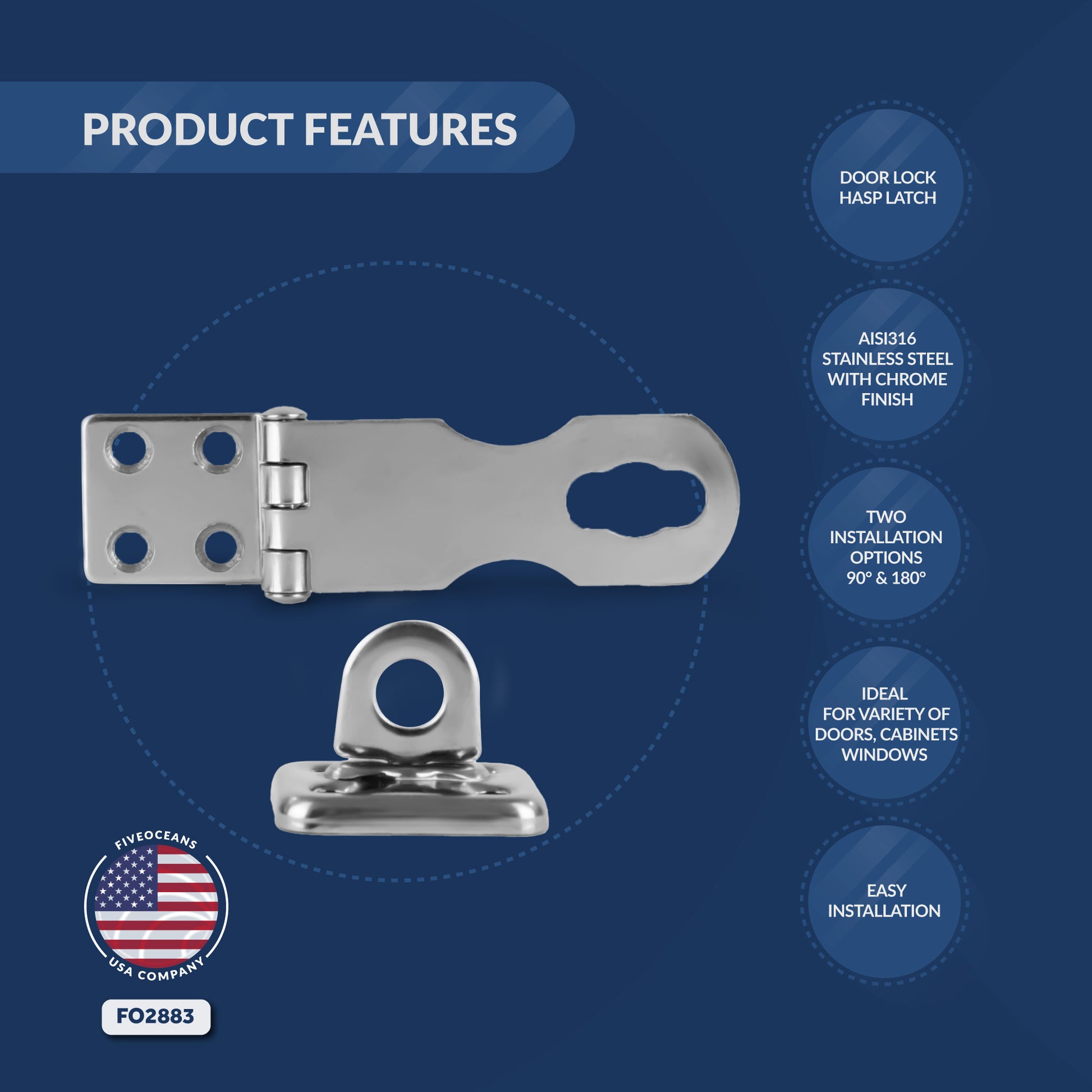 Door Lock Hasp Latch, AISI 316 Stainless Steel - FO2883 - Five Oceans