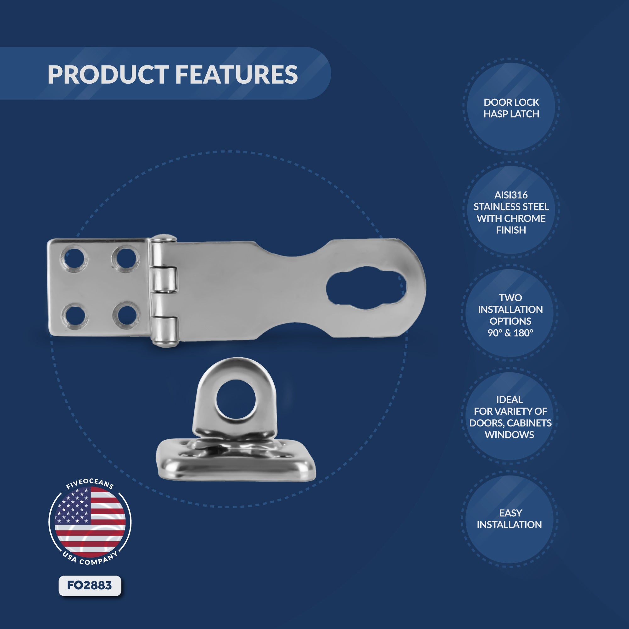 Door Lock Hasp Latch, AISI 316 Stainless Steel - FO2883 - Five Oceans