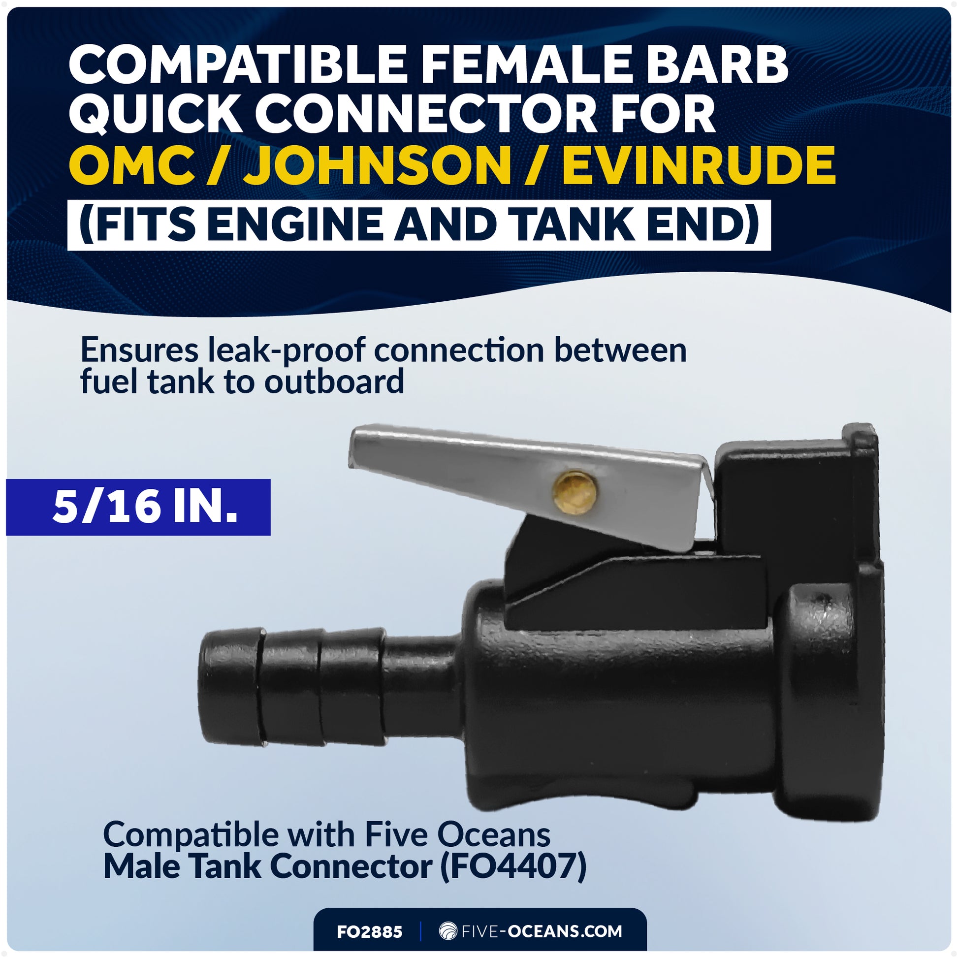 OMC/Johnson/Evinrude 5/16" Barb Female Fuel Line Hose Connector, Fits Engine End & Tank End Male Fitting - FO2885 - Five Oceans