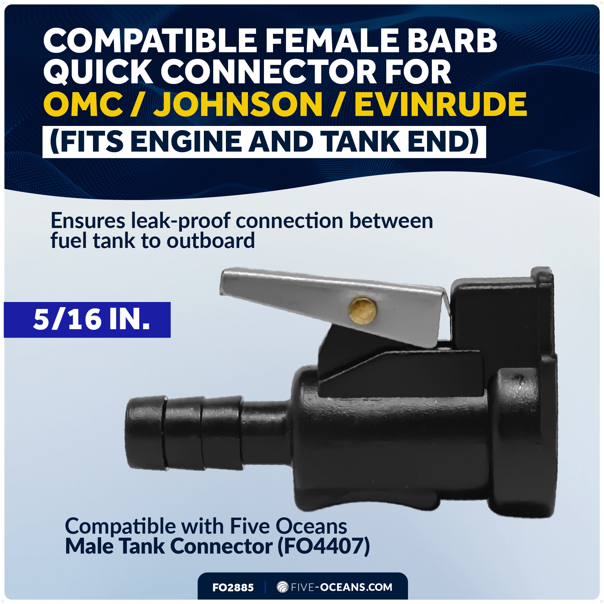 OMC/Johnson/Evinrude 5/16" Barb Female Fuel Line Hose Connector, Fits Engine End & Tank End Male Fitting - FO2885 - Five Oceans