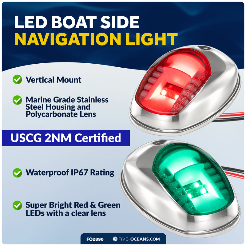 LED Navigation Side Lights - Vertical Mount, 12V - USCG 2NM Certified