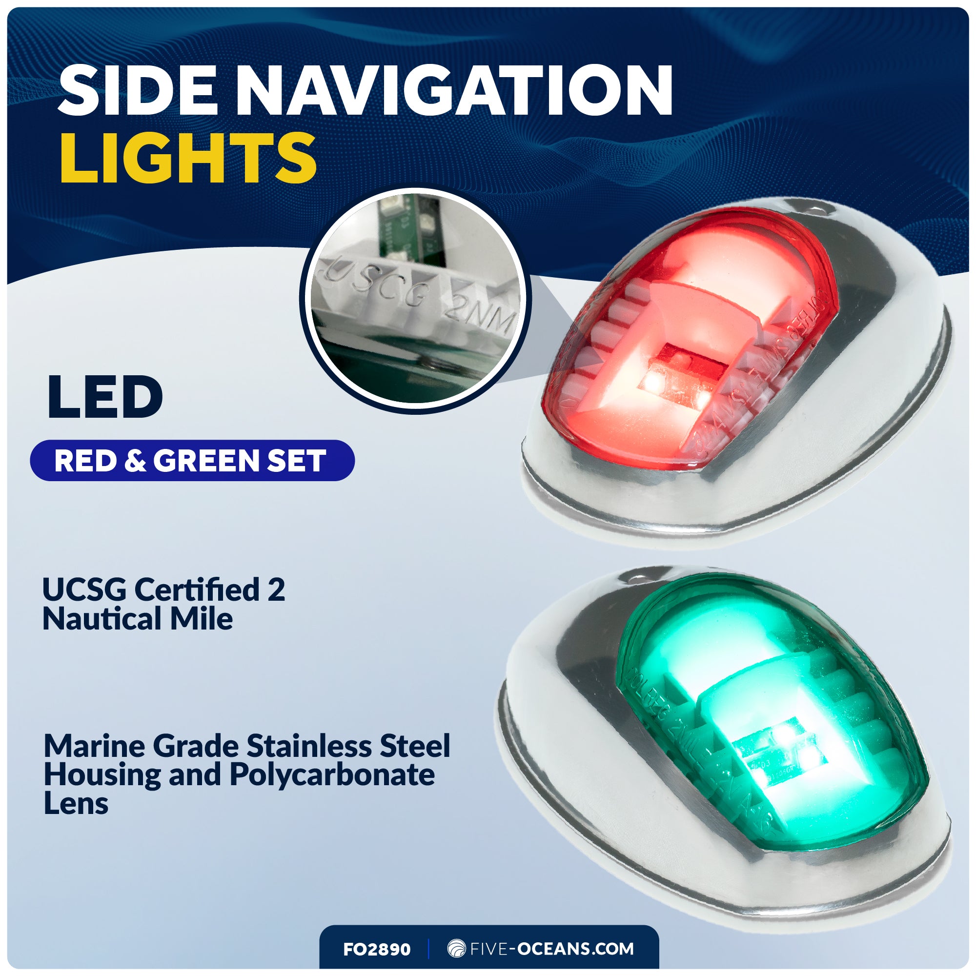 LED Navigation Side Lights - Vertical Mount, 12V - USCG 2NM Certified - FO2890 - Five Oceans