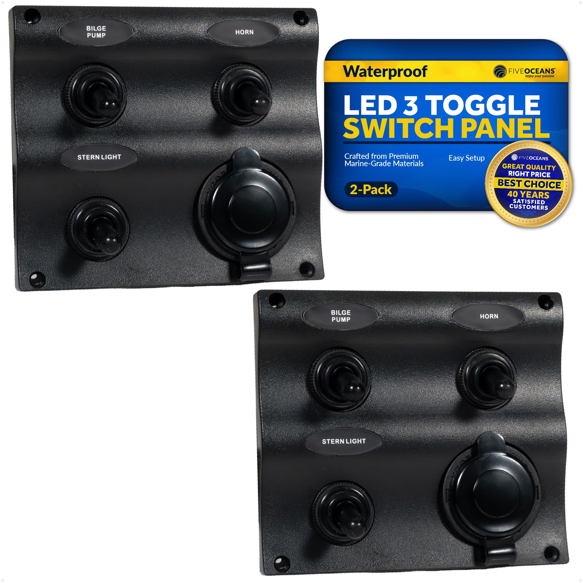 3 Gang Toggle Switch Panel with Power Socket, 12-24 Volts - 2-Pack - FO2892-M2 - Five Oceans