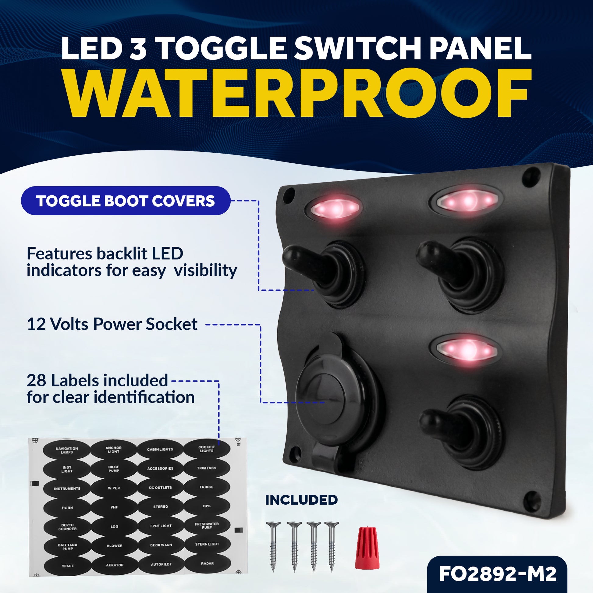3 Gang Toggle Switch Panel with Power Socket, 12-24 Volts - 2-Pack - FO2892-M2 - Five Oceans