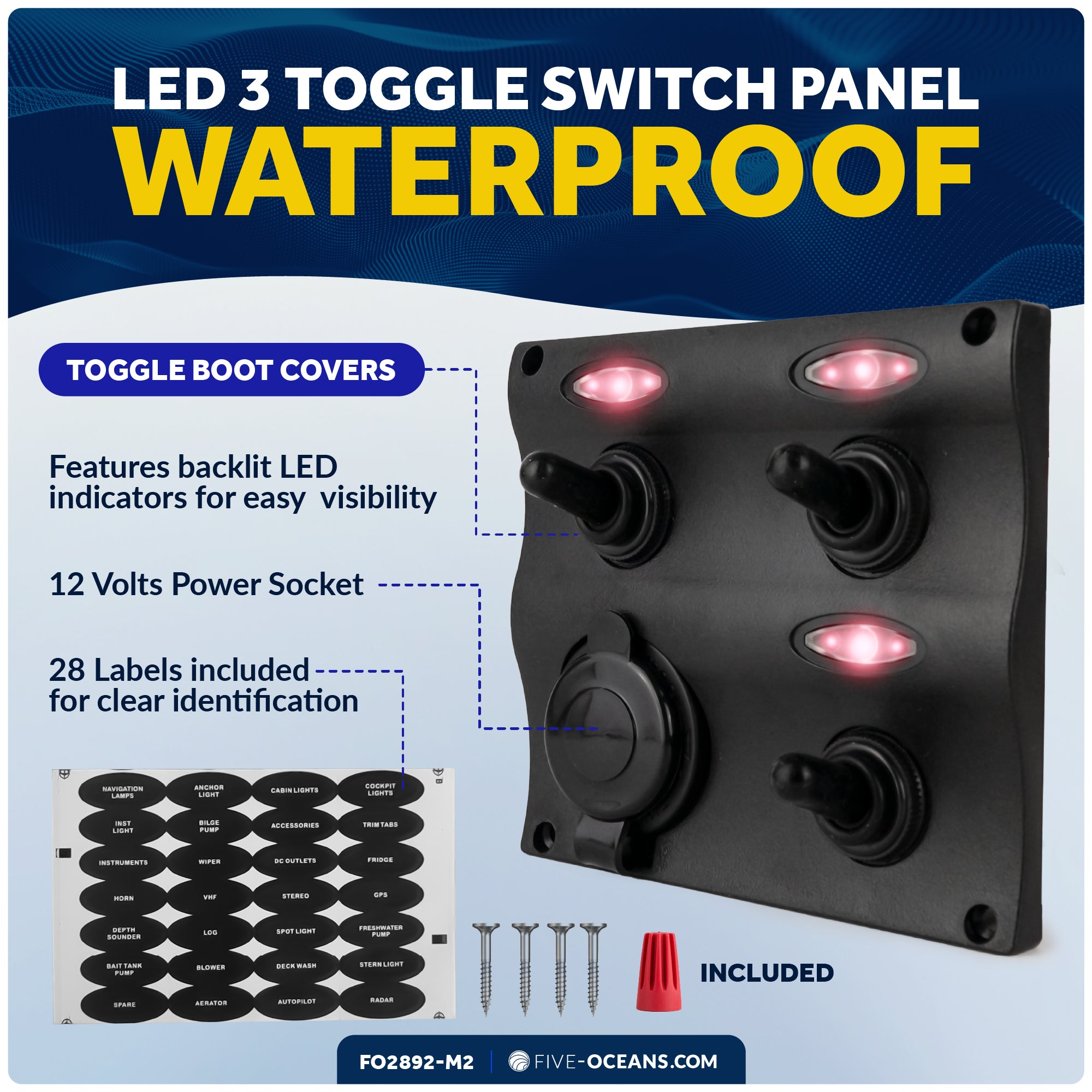 3 Gang Toggle Switch Panel with Power Socket, 12-24 Volts - 2-Pack - FO2892-M2 - Five Oceans