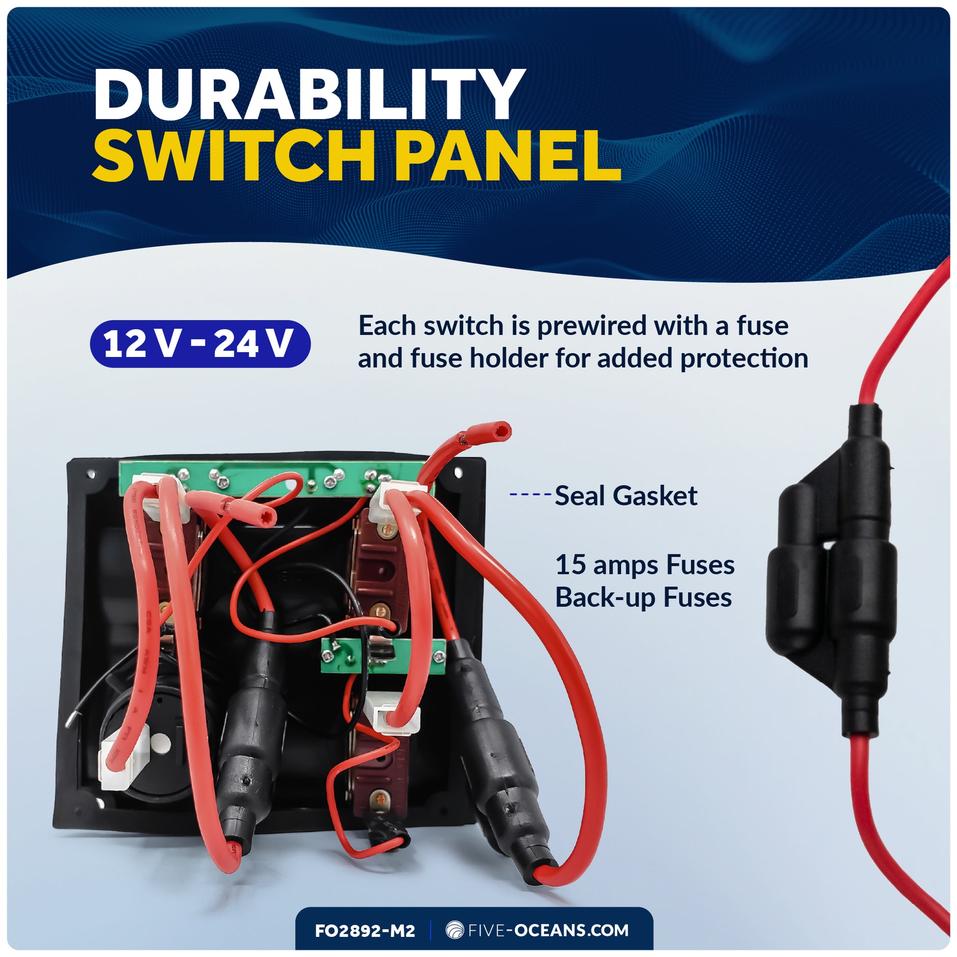 3 Gang Toggle Switch Panel with Power Socket, 12-24 Volts - 2-Pack - FO2892-M2 - Five Oceans