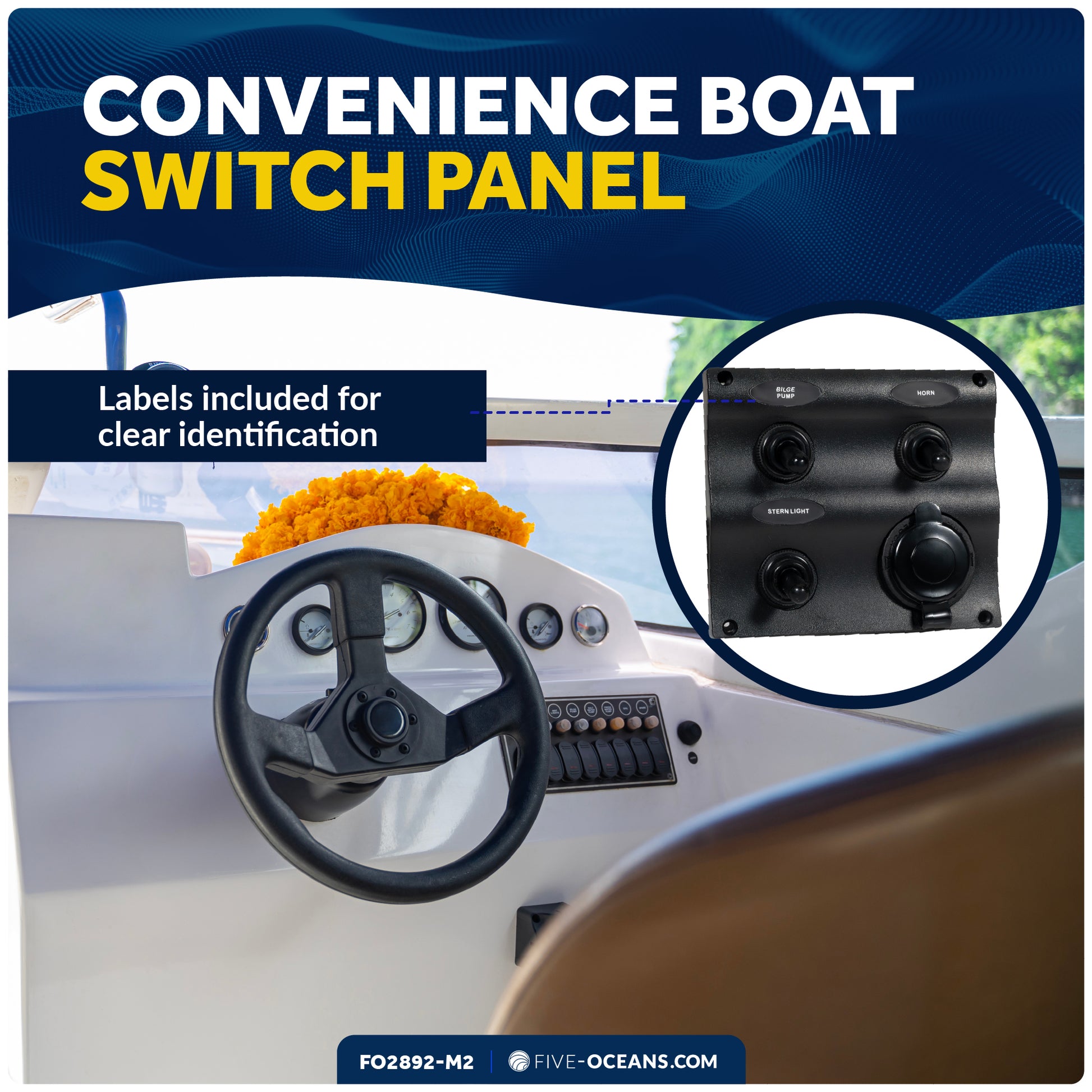 3 Gang Toggle Switch Panel with Power Socket, 12-24 Volts - 2-Pack - FO2892-M2 - Five Oceans