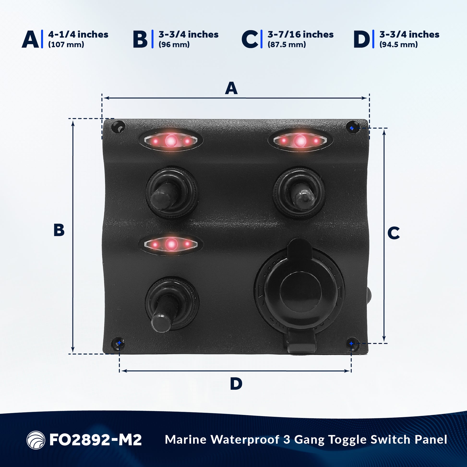 3 Gang Toggle Switch Panel with Power Socket, 12-24 Volts - 2-Pack - FO2892-M2 - Five Oceans
