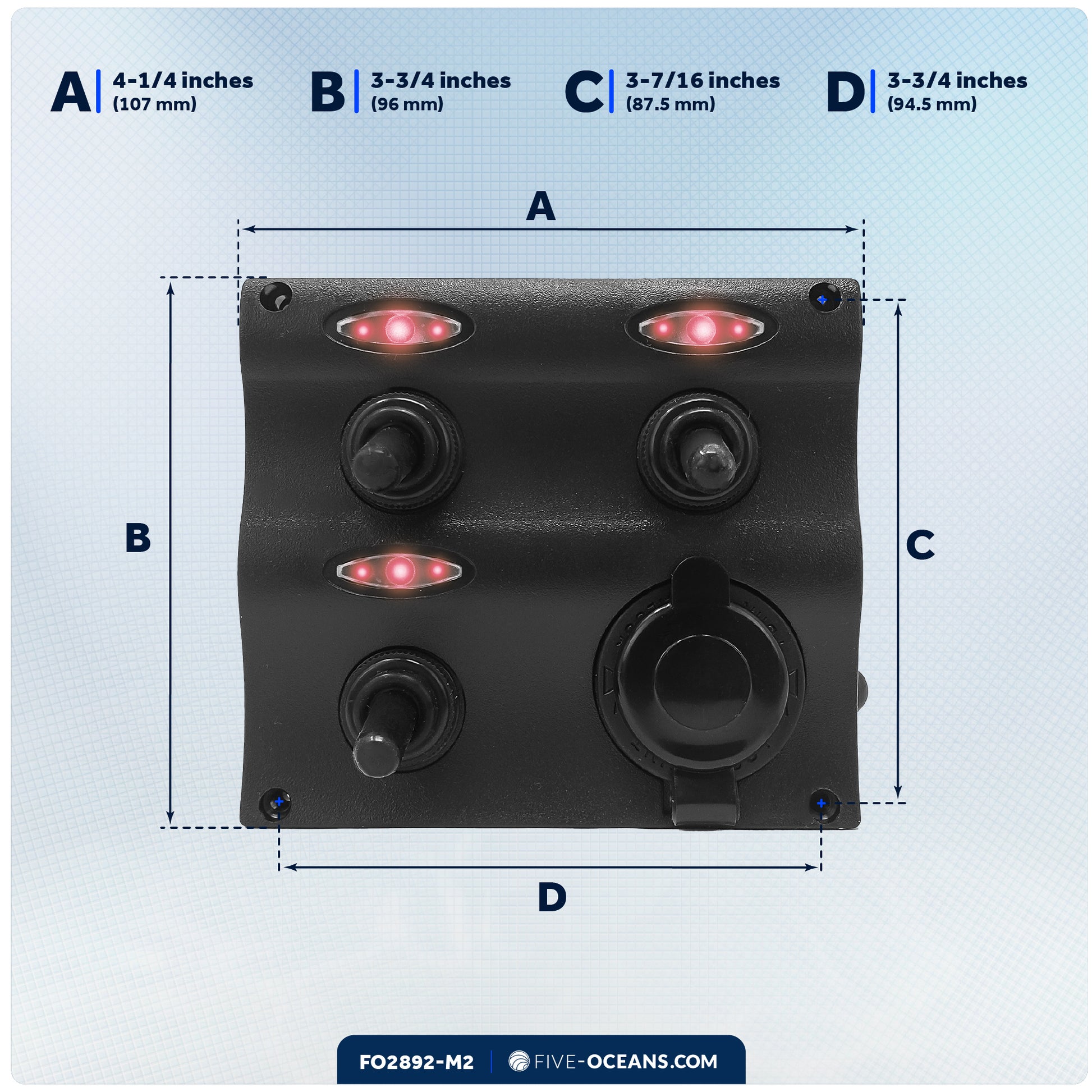 3 Gang Toggle Switch Panel with Power Socket, 12-24 Volts - 2-Pack - FO2892-M2 - Five Oceans