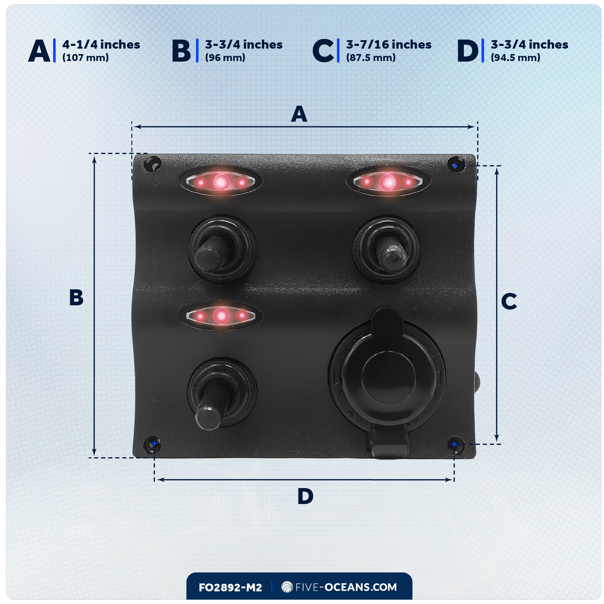3 Gang Toggle Switch Panel with Power Socket, 12-24 Volts - 2-Pack - FO2892-M2 - Five Oceans
