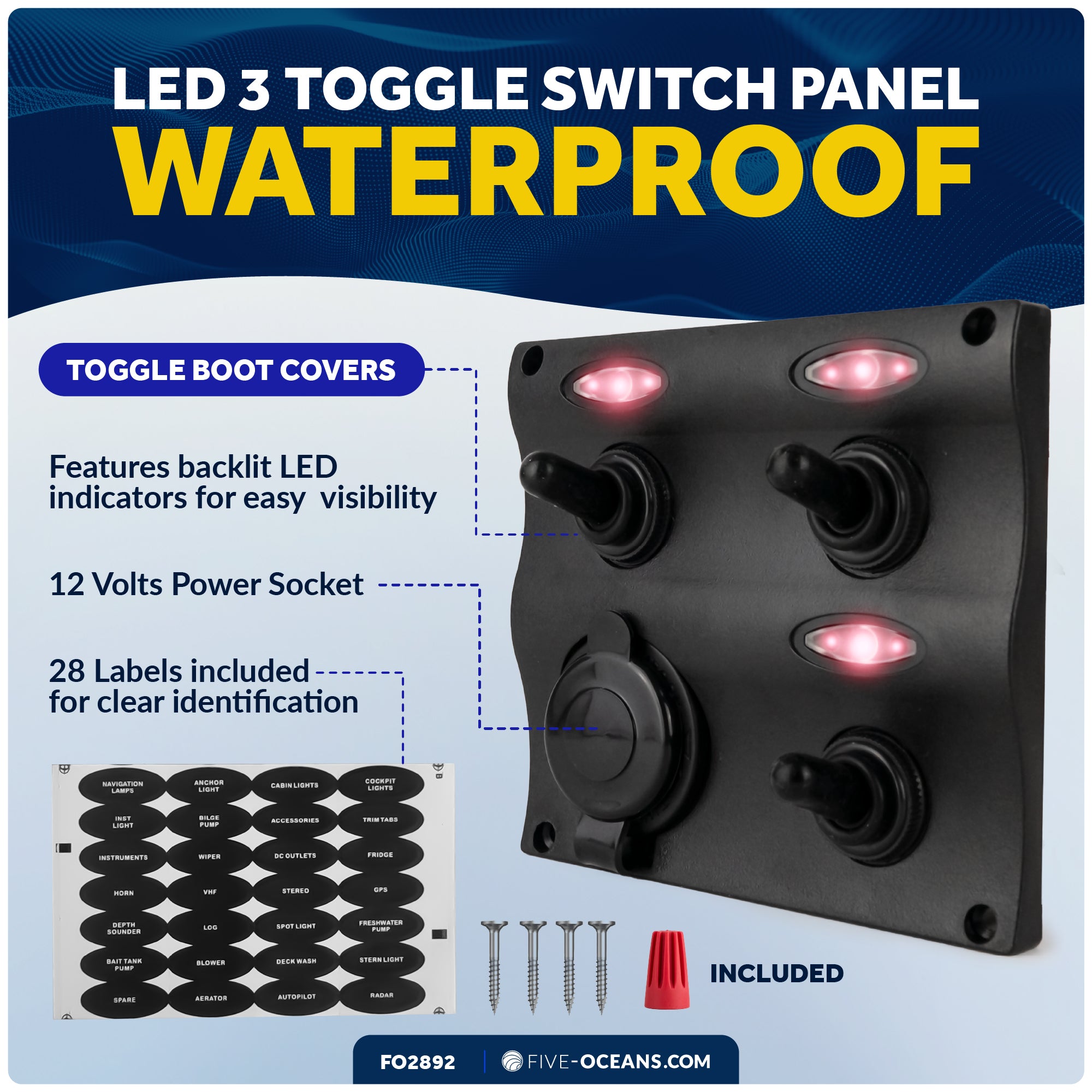 LED 3 Gang Switch Panel with Power Socket - Waterproof - 12-24 Volts - FO2892