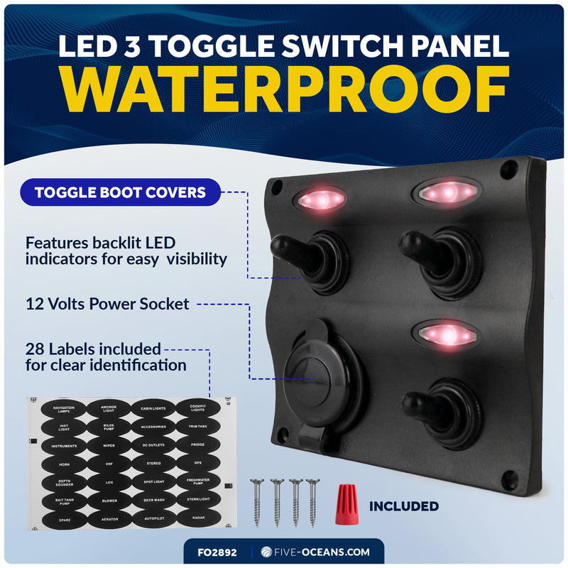 3 Gang Toggle Switch Panel with Power Socket, Waterproof, 12-24V - FO2892 - Five Oceans
