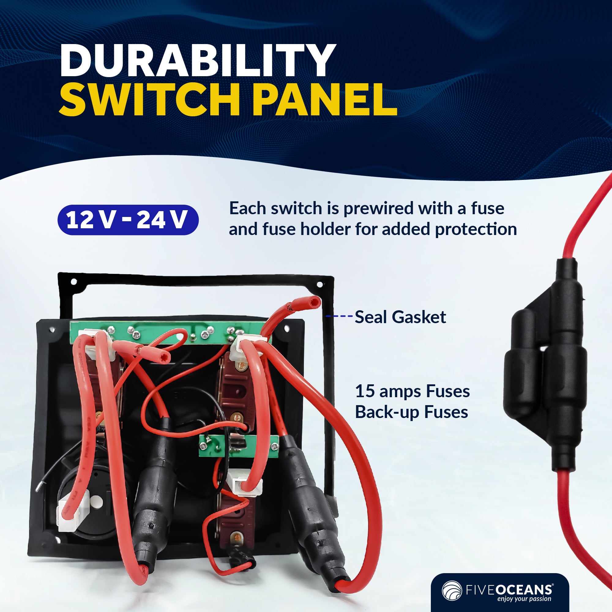 LED 3 Gang Switch Panel with Power Socket - Waterproof - 12-24 Volts - FO2892 - Five Oceans