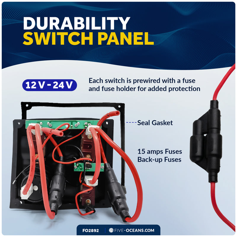 3 Gang Toggle Switch Panel with Power Socket, Waterproof, 12-24V - FO2892 - Five Oceans