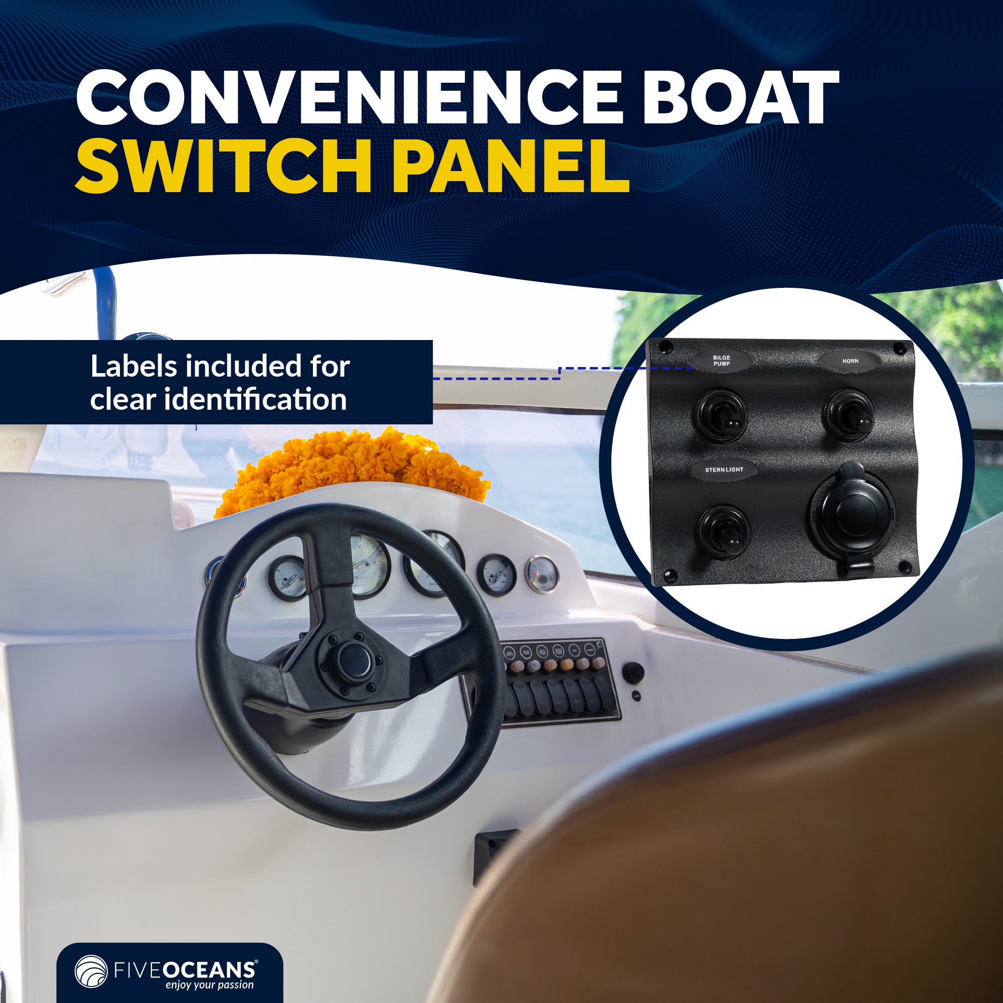 LED 3 Gang Switch Panel with Power Socket - Waterproof - 12-24 Volts - FO2892 - Five Oceans