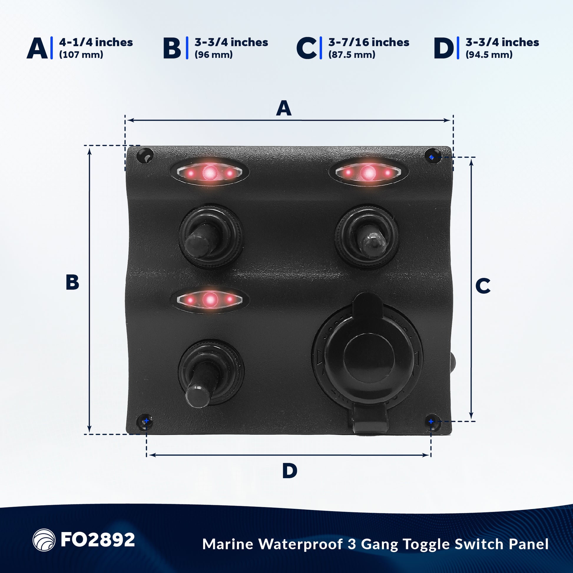 LED 3 Gang Switch Panel with Power Socket - Waterproof - 12-24 Volts - FO2892 - Five Oceans