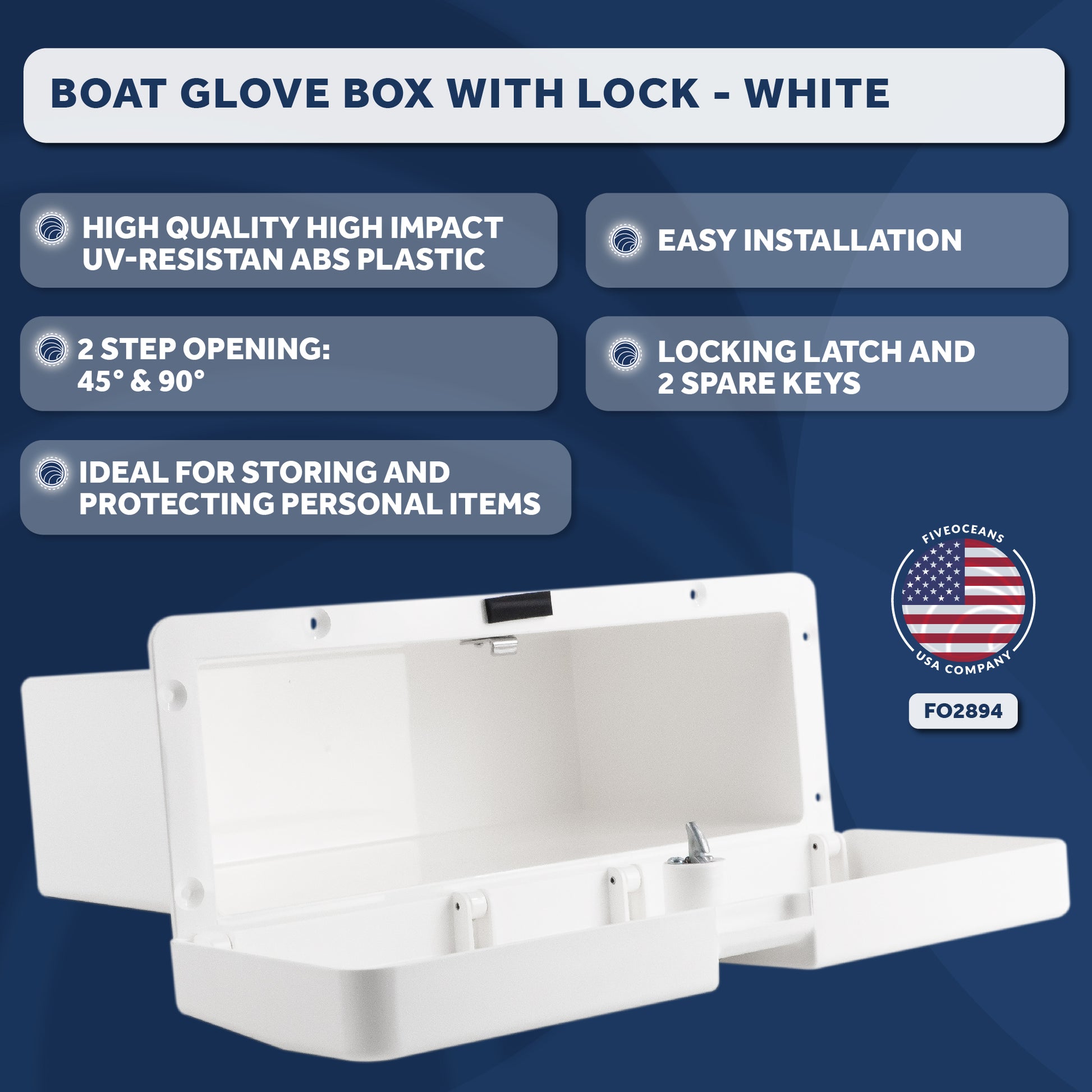 Boat Glove Box with Lock, White - FO2894 - Five Oceans