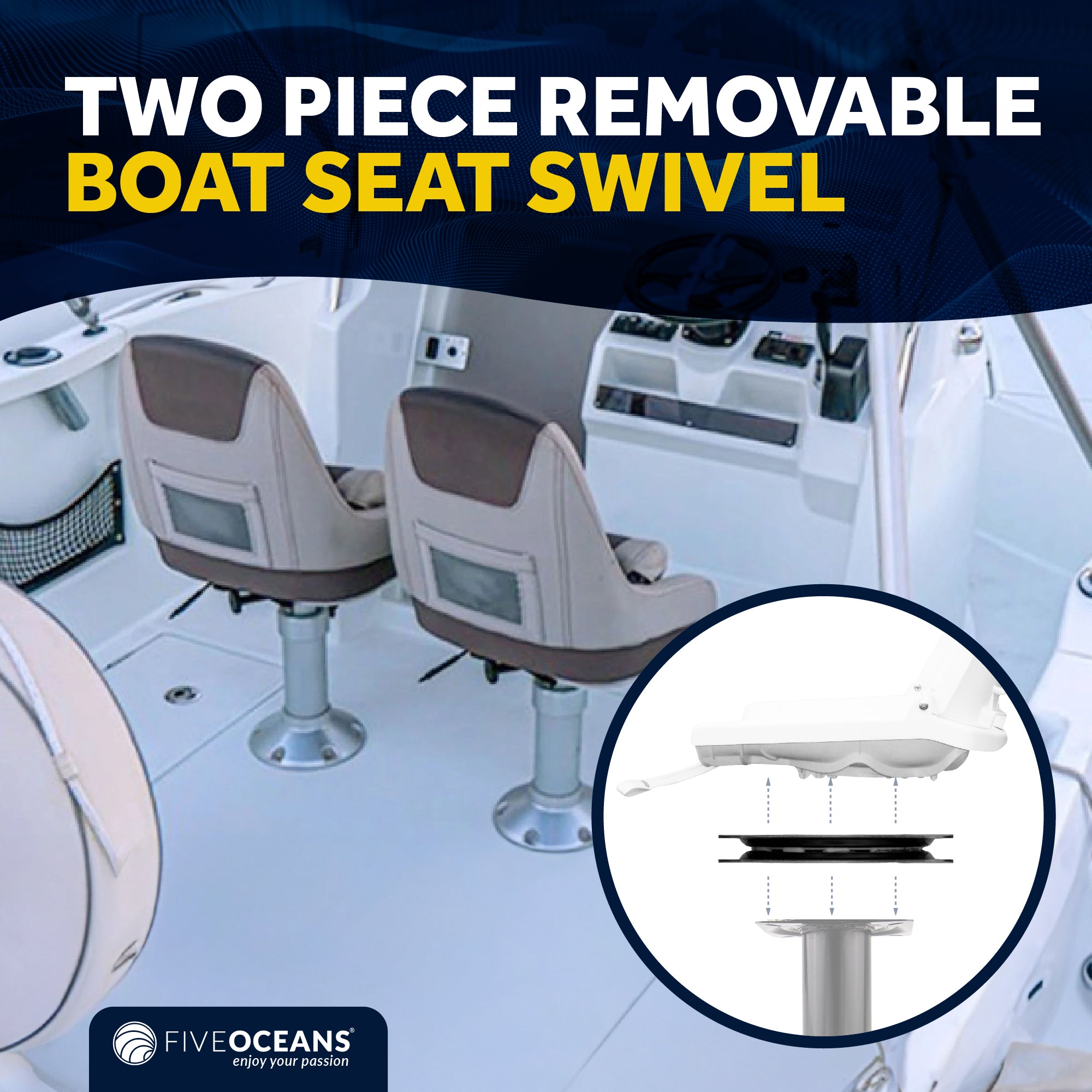 Heavy Duty Boat Seat with 360 Degree Swivel, Base Side 6-3/8 in (162mm) - FO2895 - Five Oceans