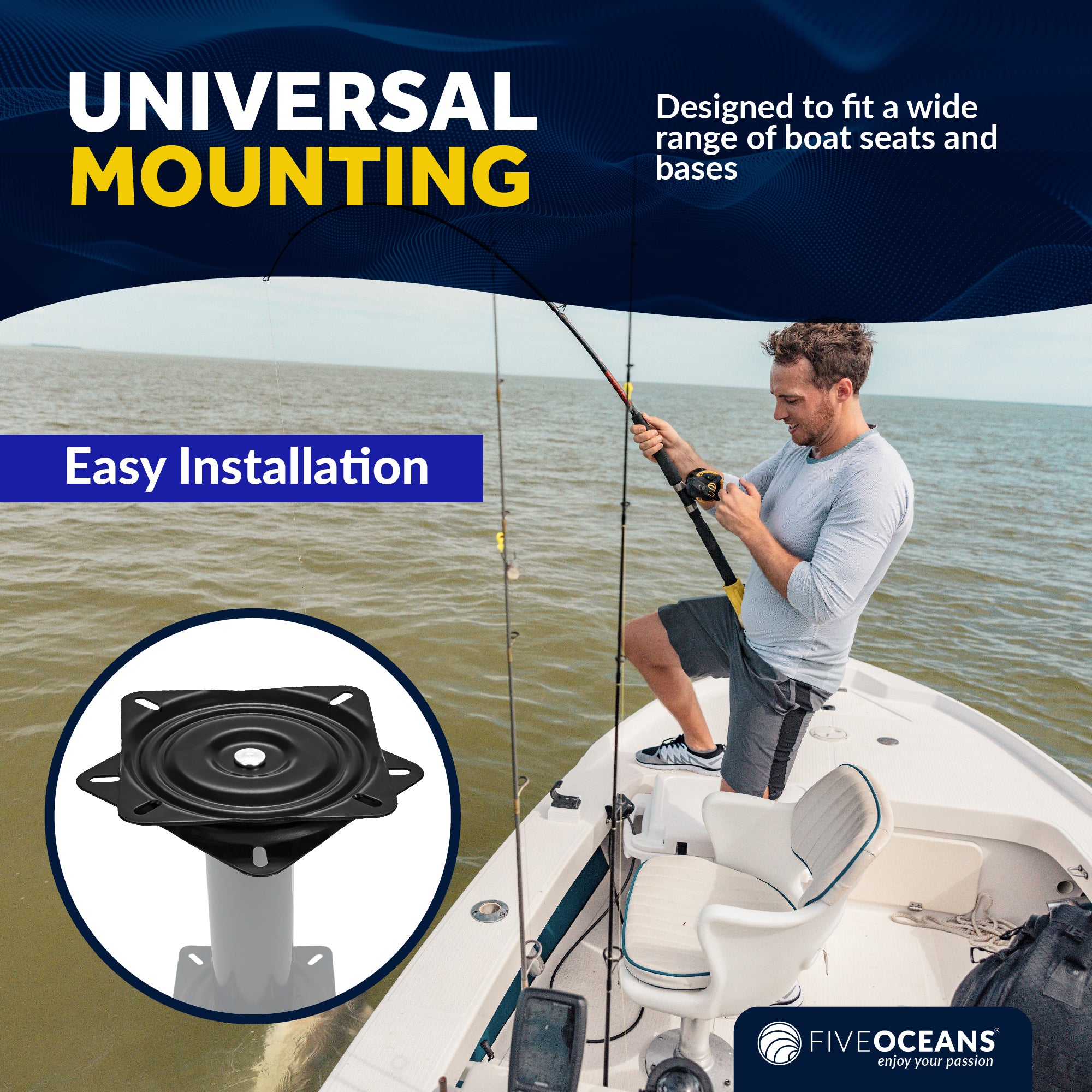 Heavy Duty Boat Seat with 360 Degree Swivel, Base Side 6-3/8 in (162mm) - FO2895 - Five Oceans