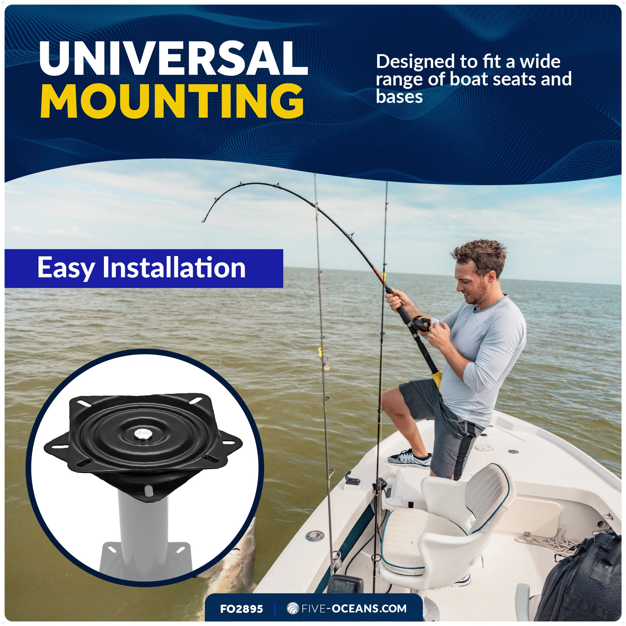 Heavy Duty Boat Seat with 360 Degree Swivel, Base Side 6-3/8 in (162mm) - FO2895 - Five Oceans