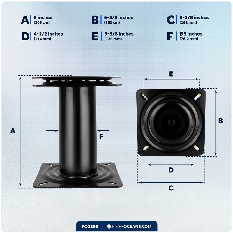 Seat Pedestal with Swivel, Fixed Height 8", Black EDC Steel - FO2896 - Five Oceans