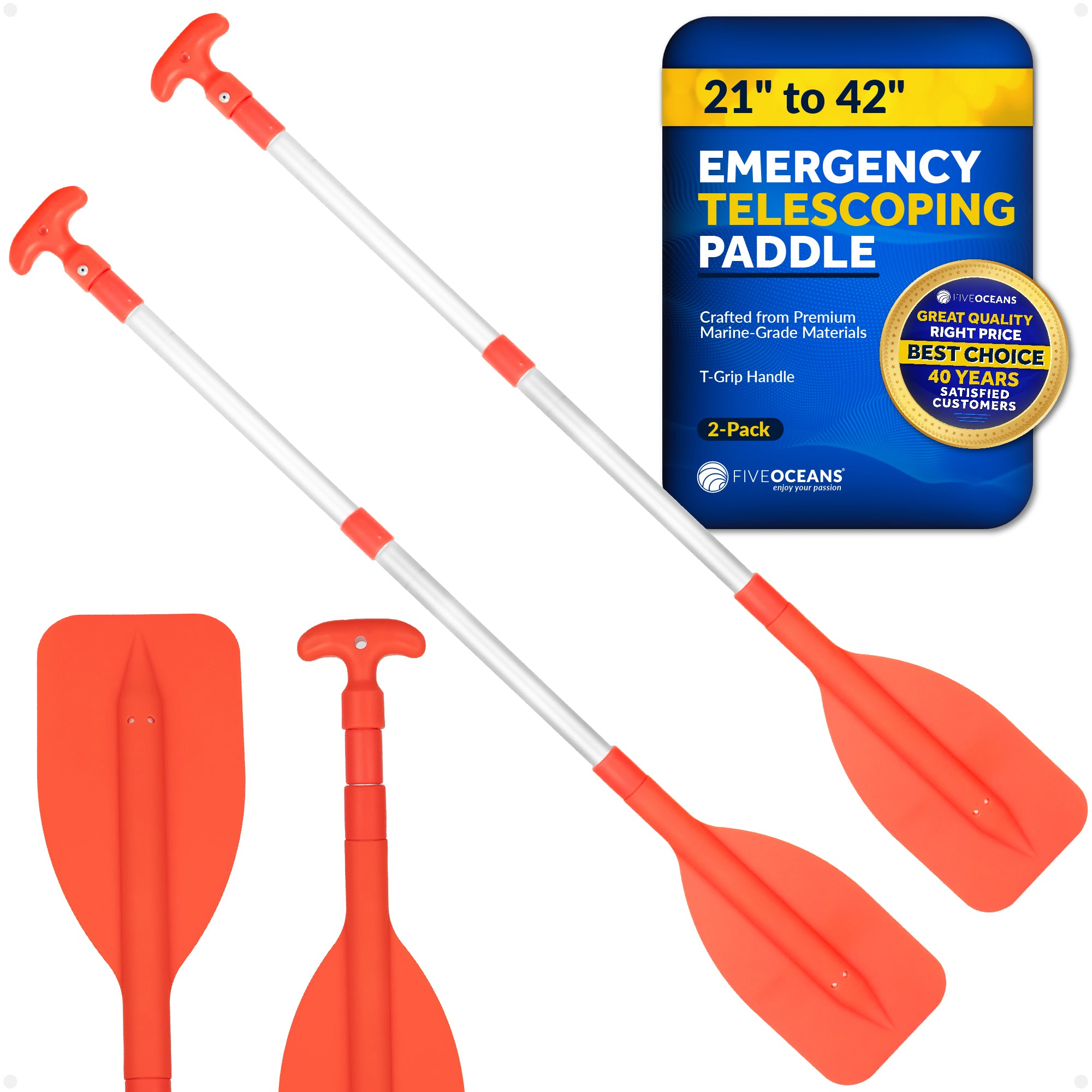 Emergency Floating Telescoping Paddle 21" to 42", T-Grip - Orange - 2-Pack - FO2898-M2 - Five Oceans