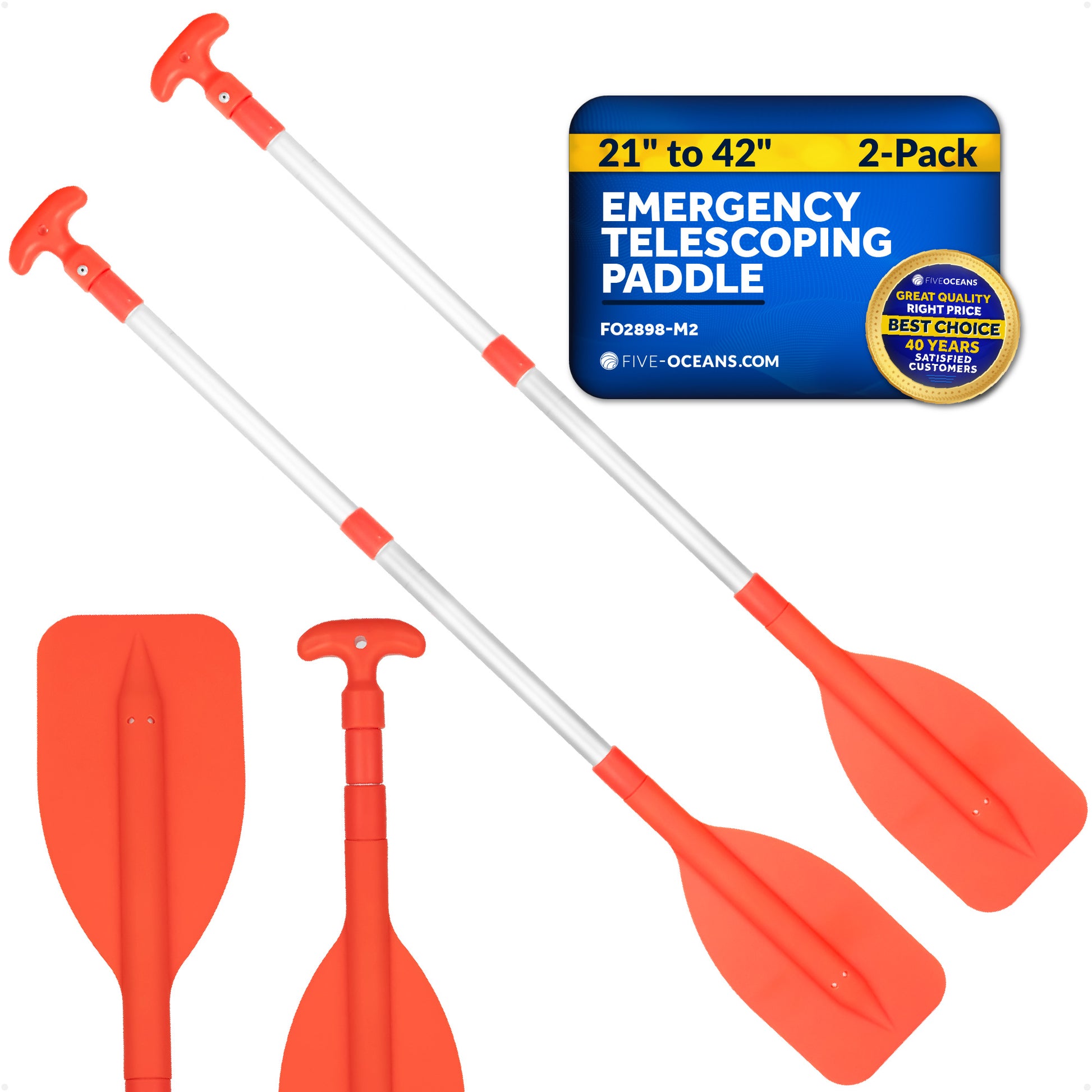 Emergency Floating Telescoping Paddle 21" to 42", T-Grip - Orange - 2-Pack - FO2898-M2 - Five Oceans