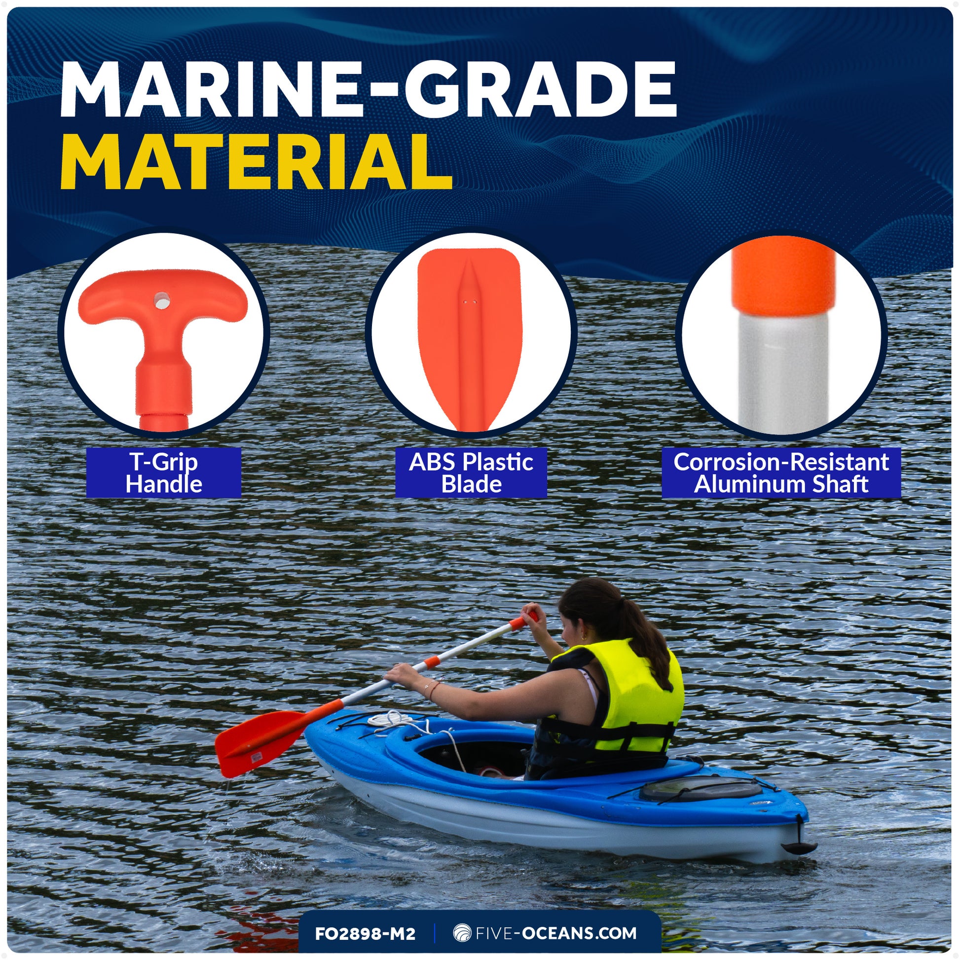 Emergency Floating Telescoping Paddle 21" to 42", T-Grip - Orange - 2-Pack - FO2898-M2 - Five Oceans