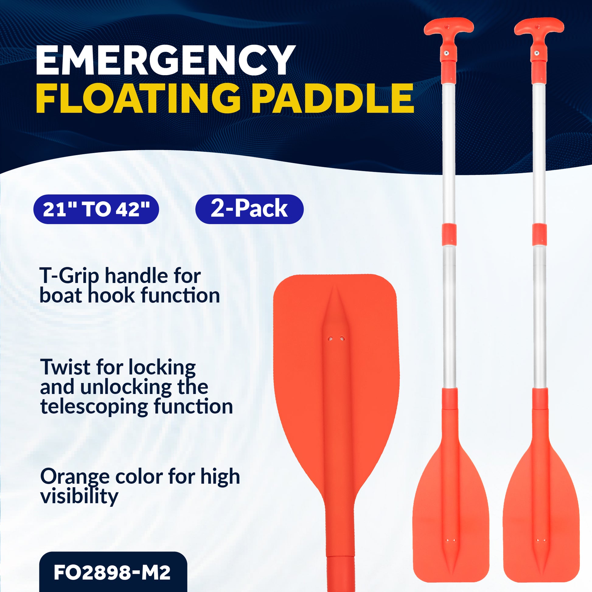 Emergency Floating Telescoping Paddle 21" to 42", T-Grip - Orange - 2-Pack - FO2898-M2 - Five Oceans