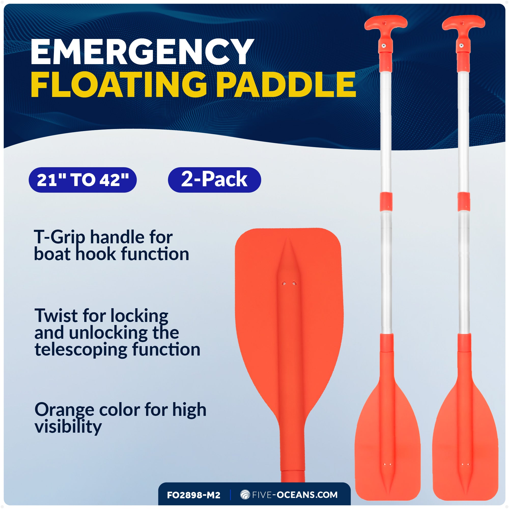 Emergency Floating Telescoping Paddle 21" to 42", T-Grip - Orange - 2-Pack - FO2898-M2