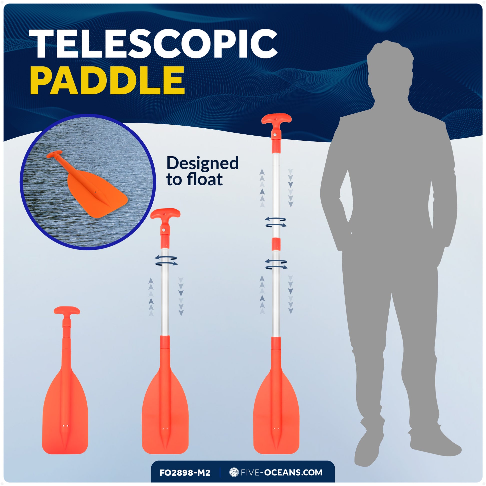 Emergency Floating Telescoping Paddle 21" to 42", T-Grip - Orange - 2-Pack - FO2898-M2 - Five Oceans