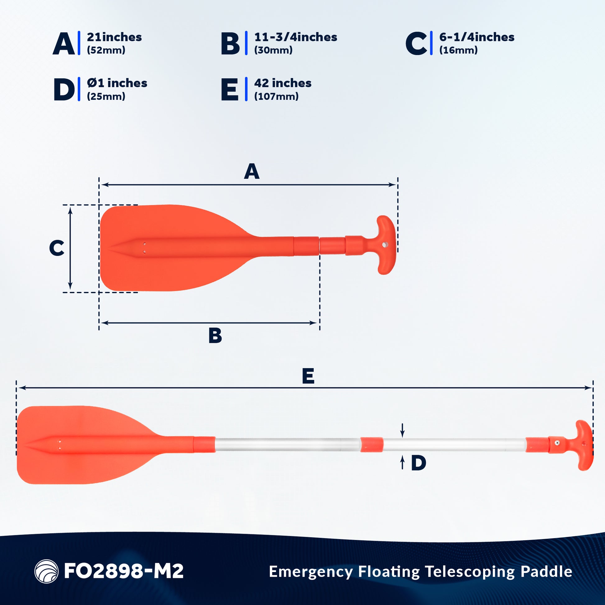 Emergency Floating Telescoping Paddle 21" to 42", T-Grip - Orange - 2-Pack - FO2898-M2 - Five Oceans