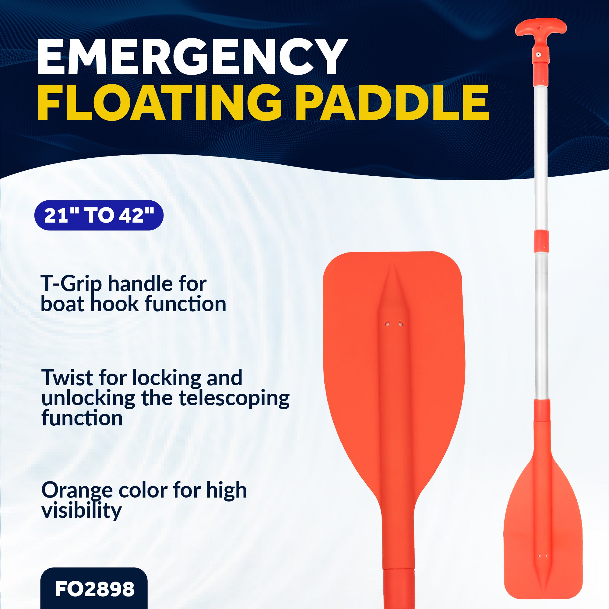 Emergency Floating Telescoping Paddle 21" to 42", T-Grip - Orange - FO2898 - Five Oceans