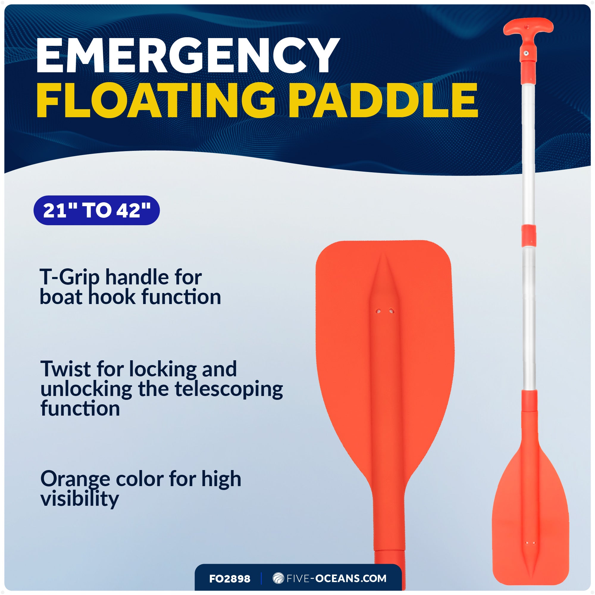 Emergency Floating Telescoping Paddle 21" to 42", T-Grip - Orange - FO2898 - Five Oceans